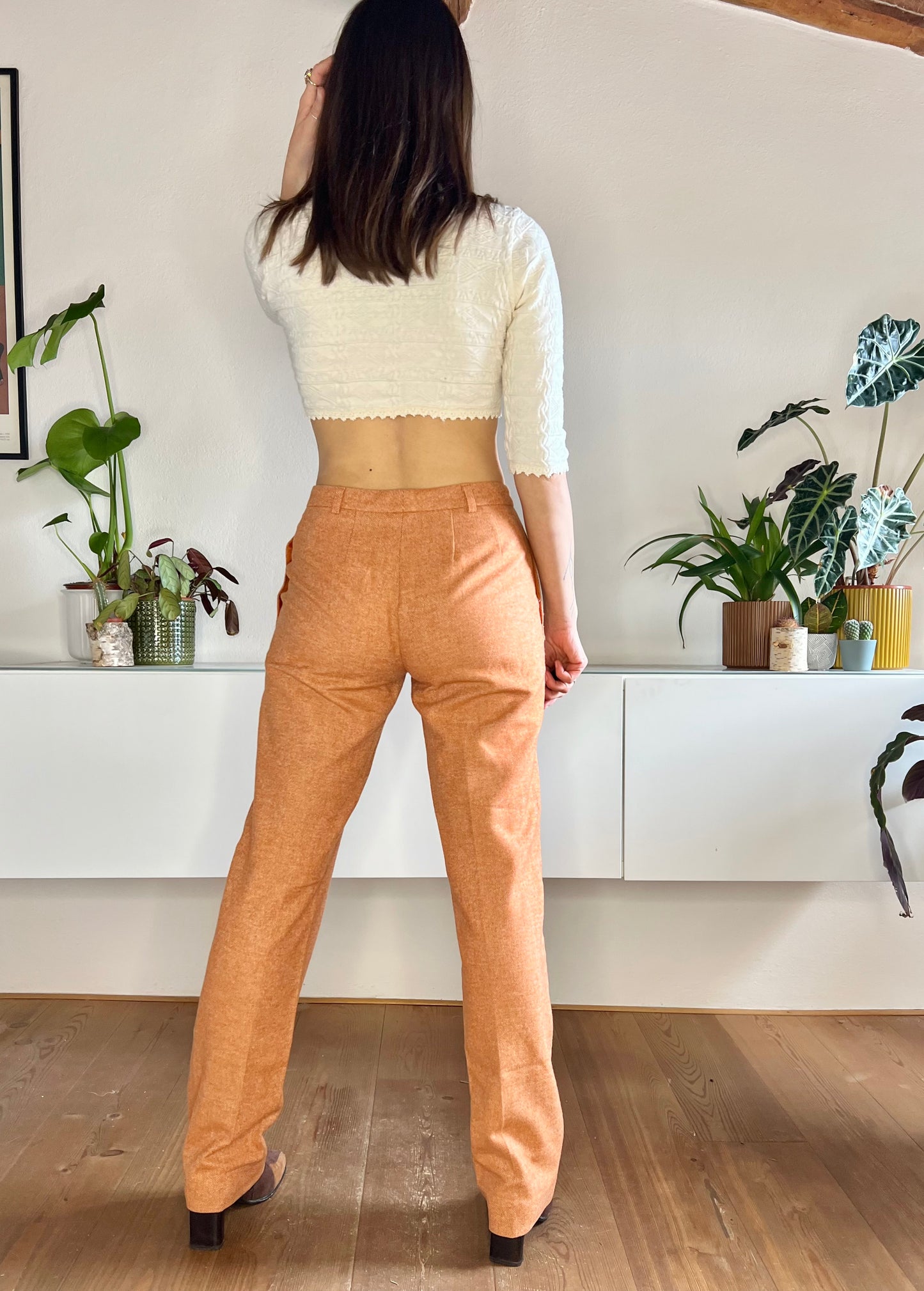 1990's vintage orange and cream textured wide leg wool trousers