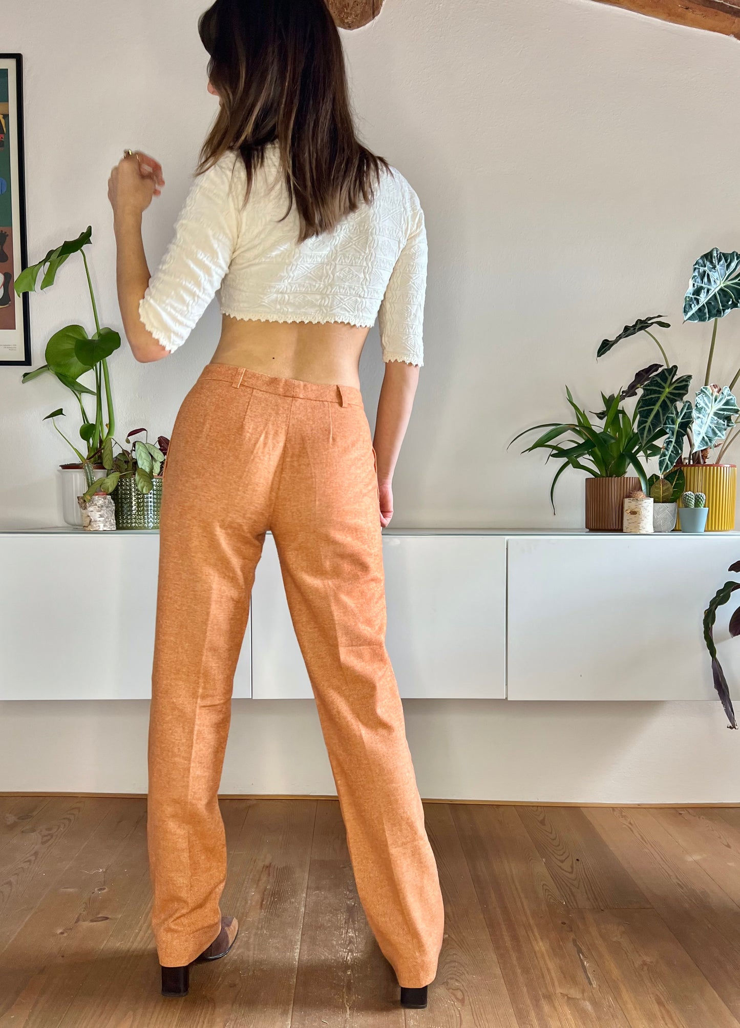 1990's vintage orange and cream textured wide leg wool trousers