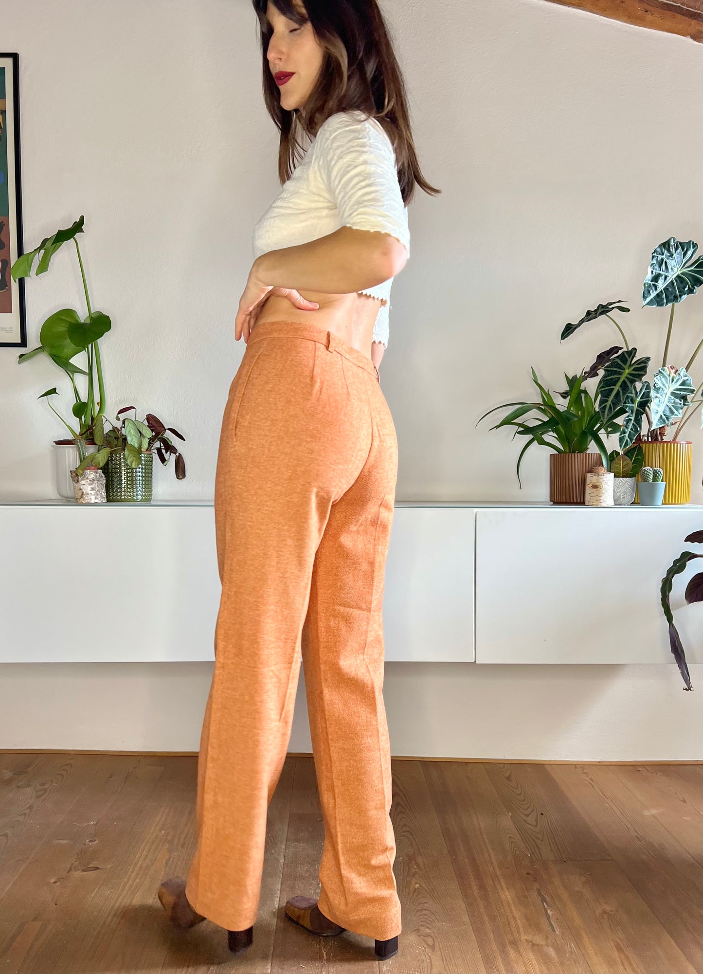 1990's vintage orange and cream textured wide leg wool trousers