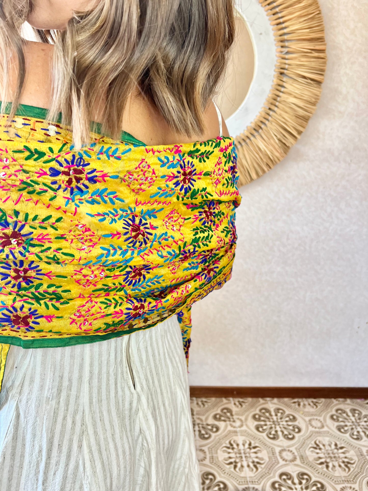 1970's vintage multicolor hand embroidered floral shawl