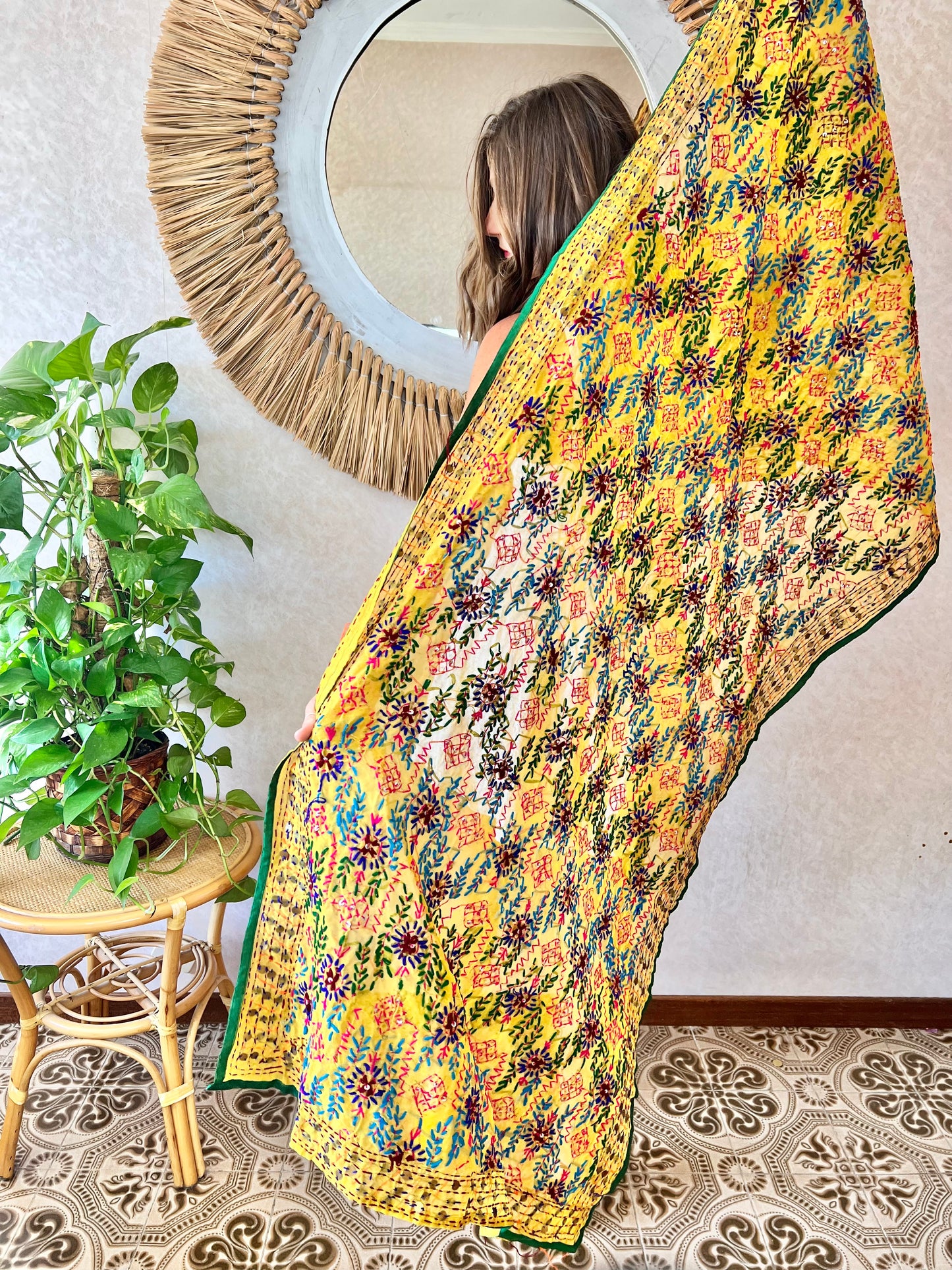 1970's vintage multicolor hand embroidered floral shawl