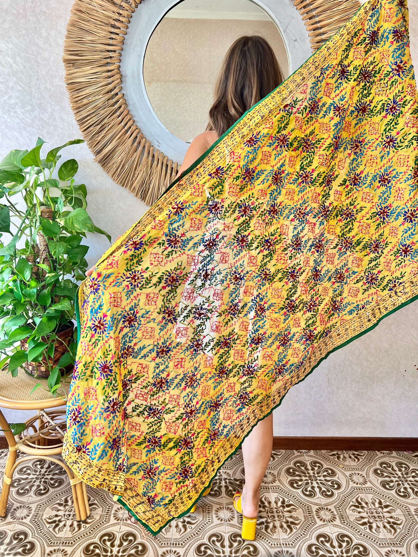 1970's vintage multicolor hand embroidered floral shawl