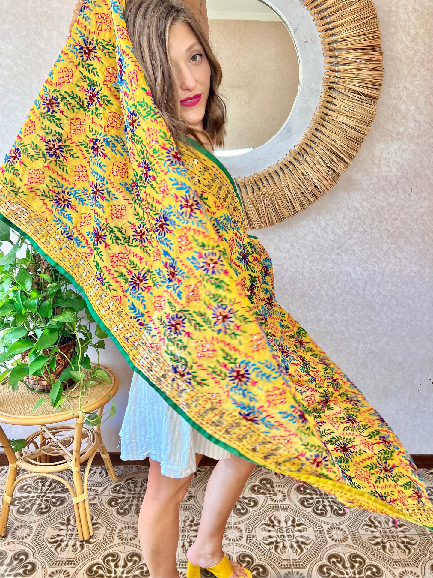 1970's vintage multicolor hand embroidered floral shawl
