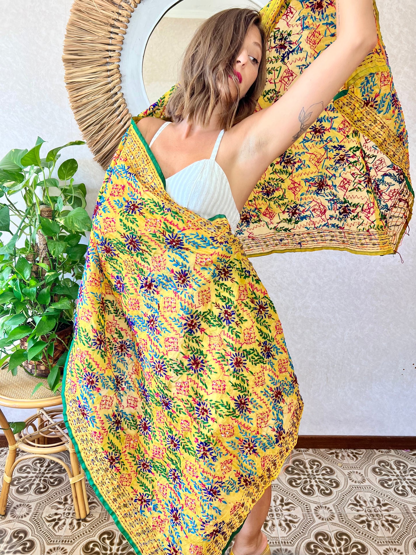 1970's vintage multicolor hand embroidered floral shawl