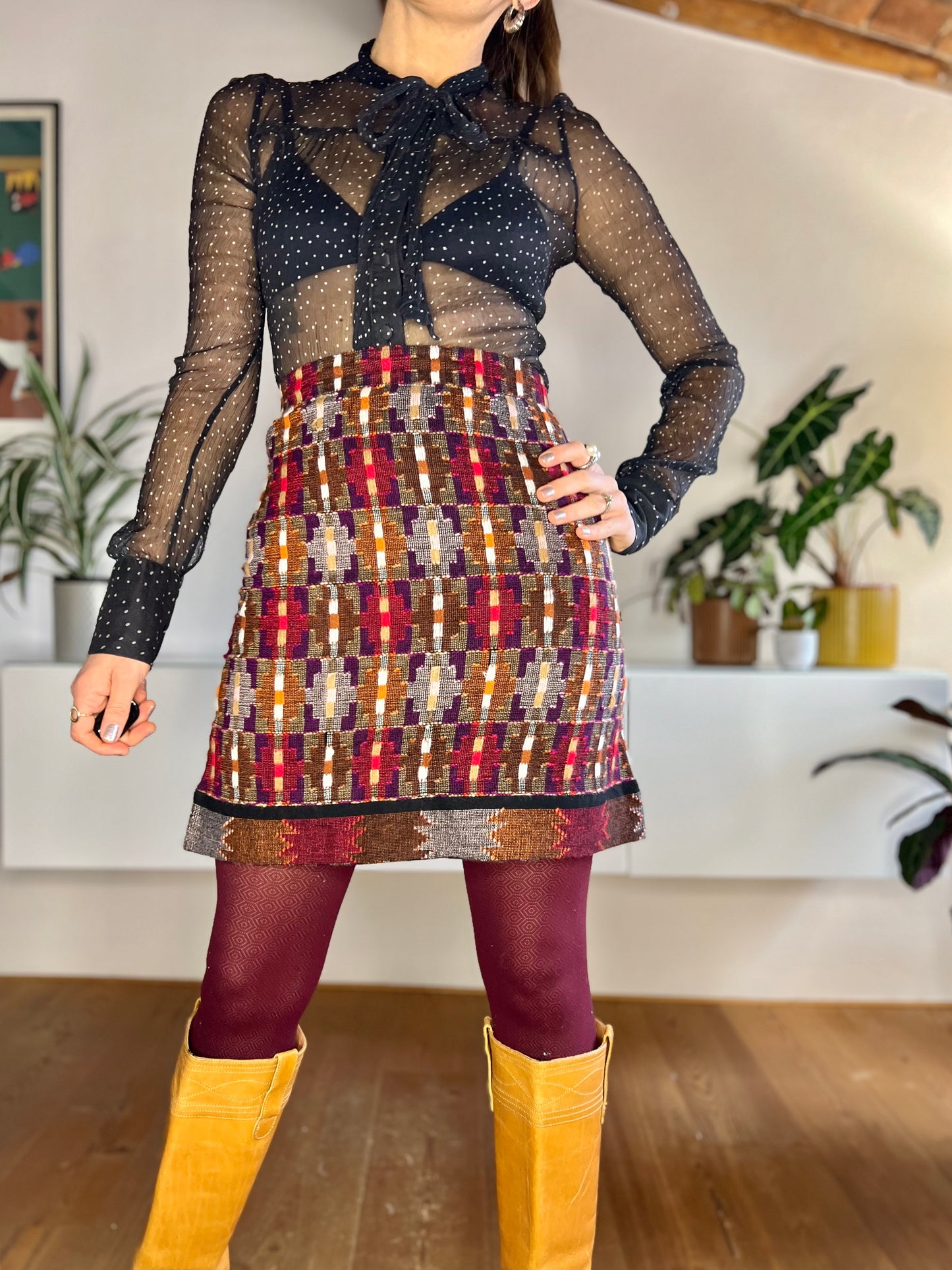 1970's vintage red and purple cashmere knit mini skirt