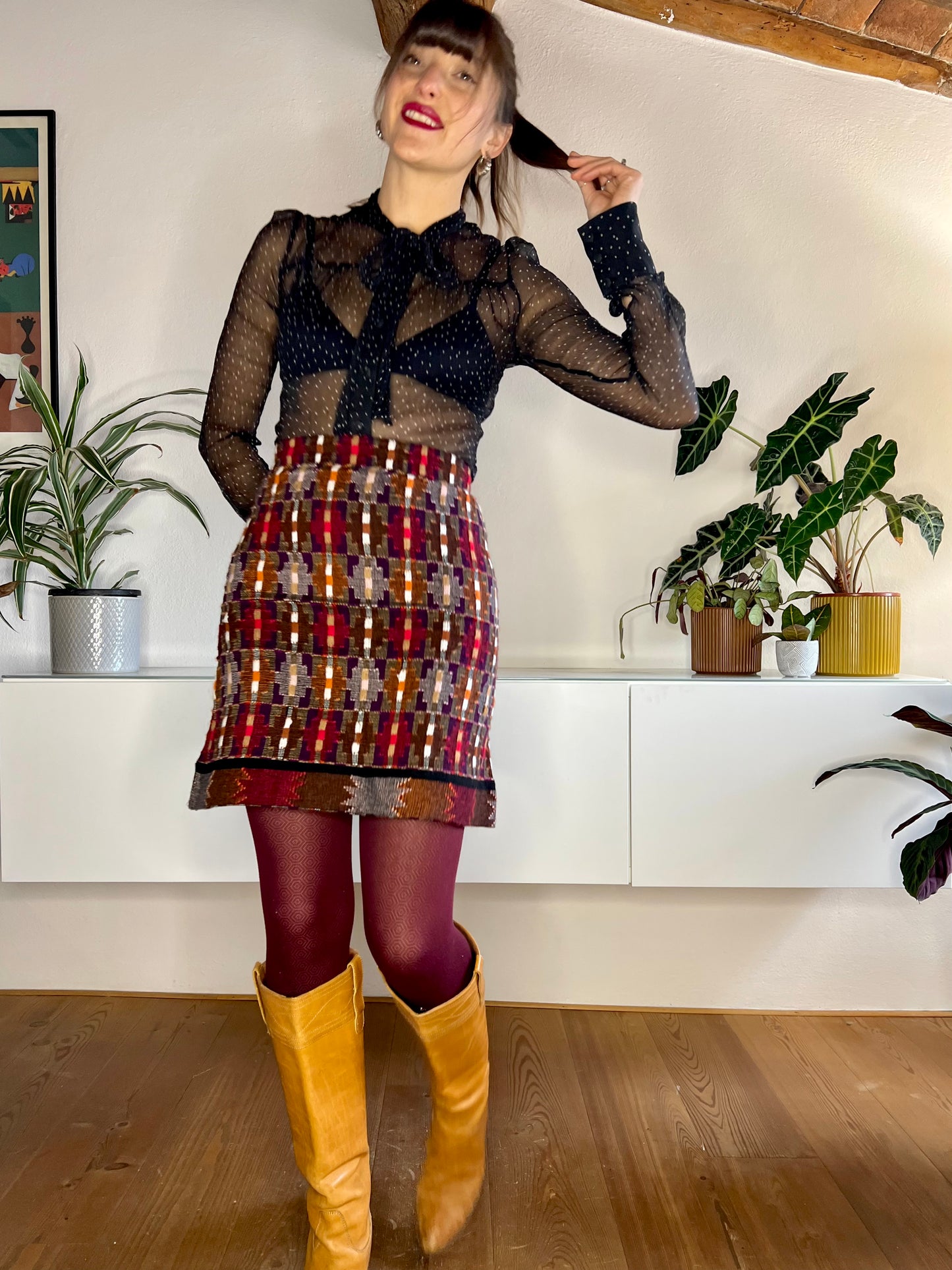 1970's vintage red and purple cashmere knit mini skirt