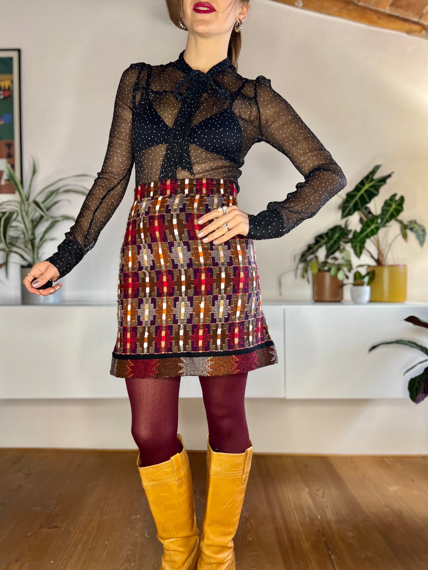 1970's vintage red and purple cashmere knit mini skirt