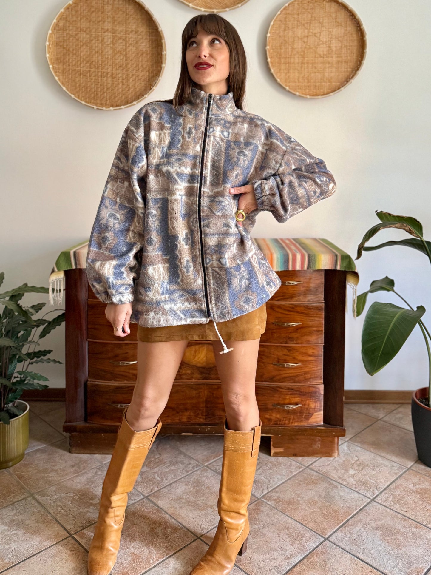 1980's vintage light blue and tan printed zip up fleece