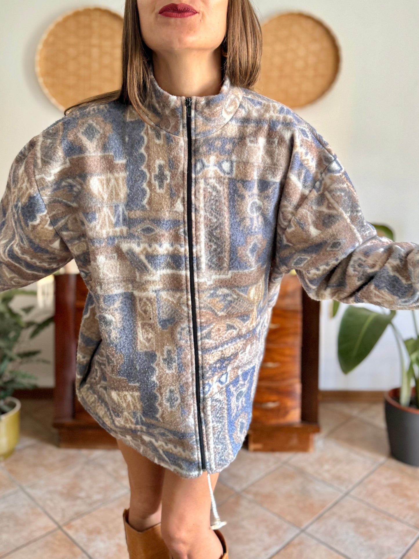 1980's vintage light blue and tan printed zip up fleece
