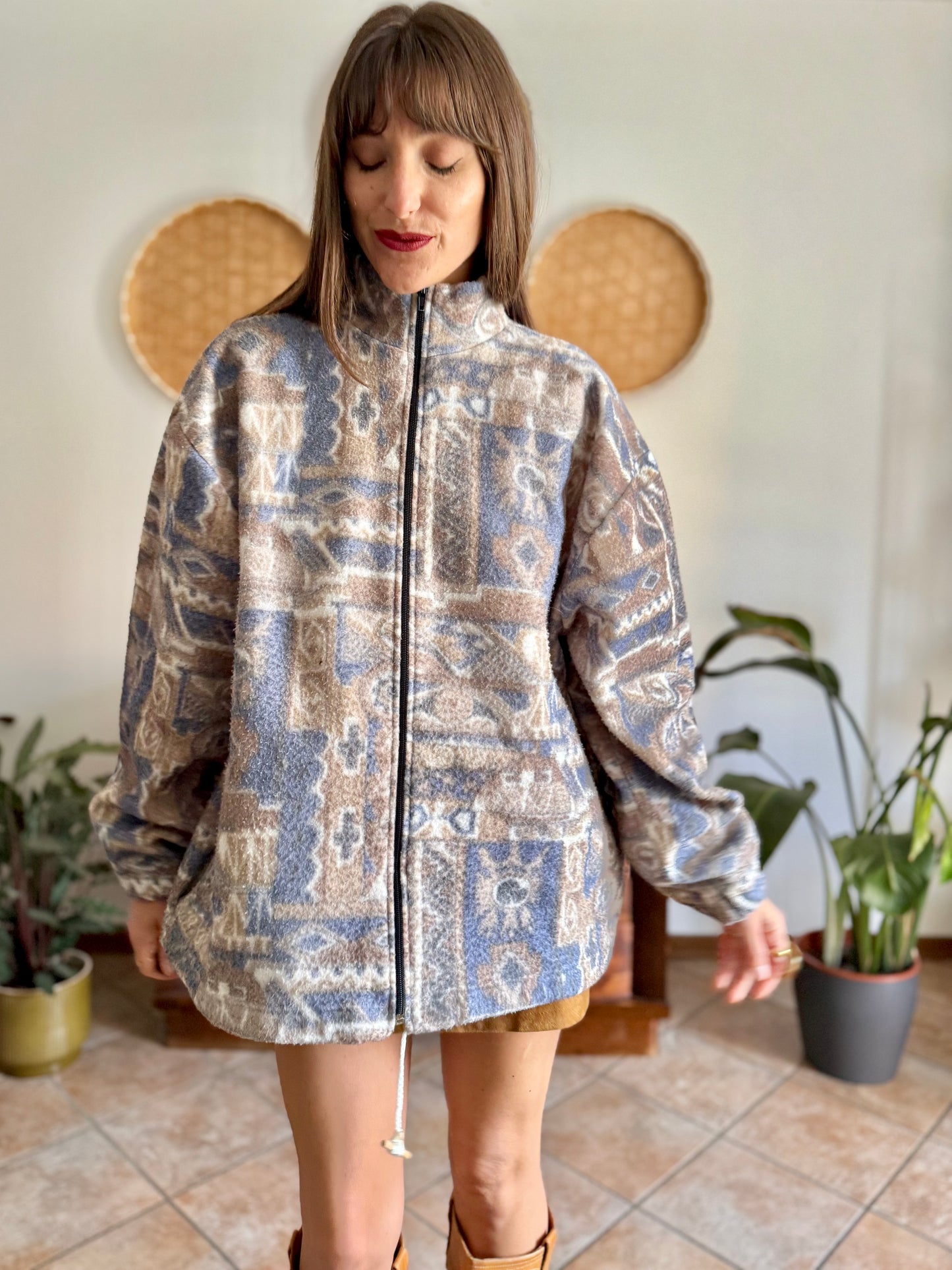 1980's vintage light blue and tan printed zip up fleece