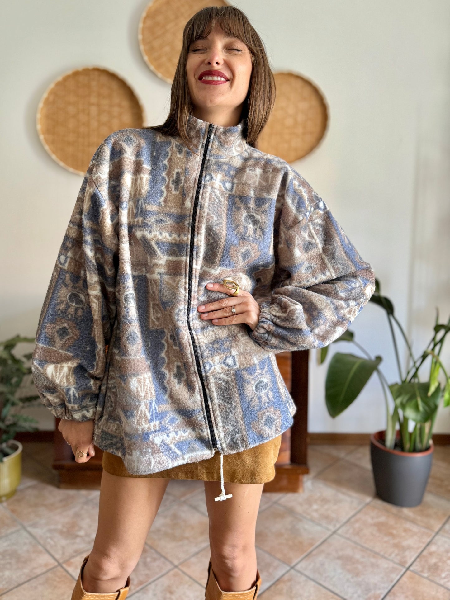 1980's vintage light blue and tan printed zip up fleece