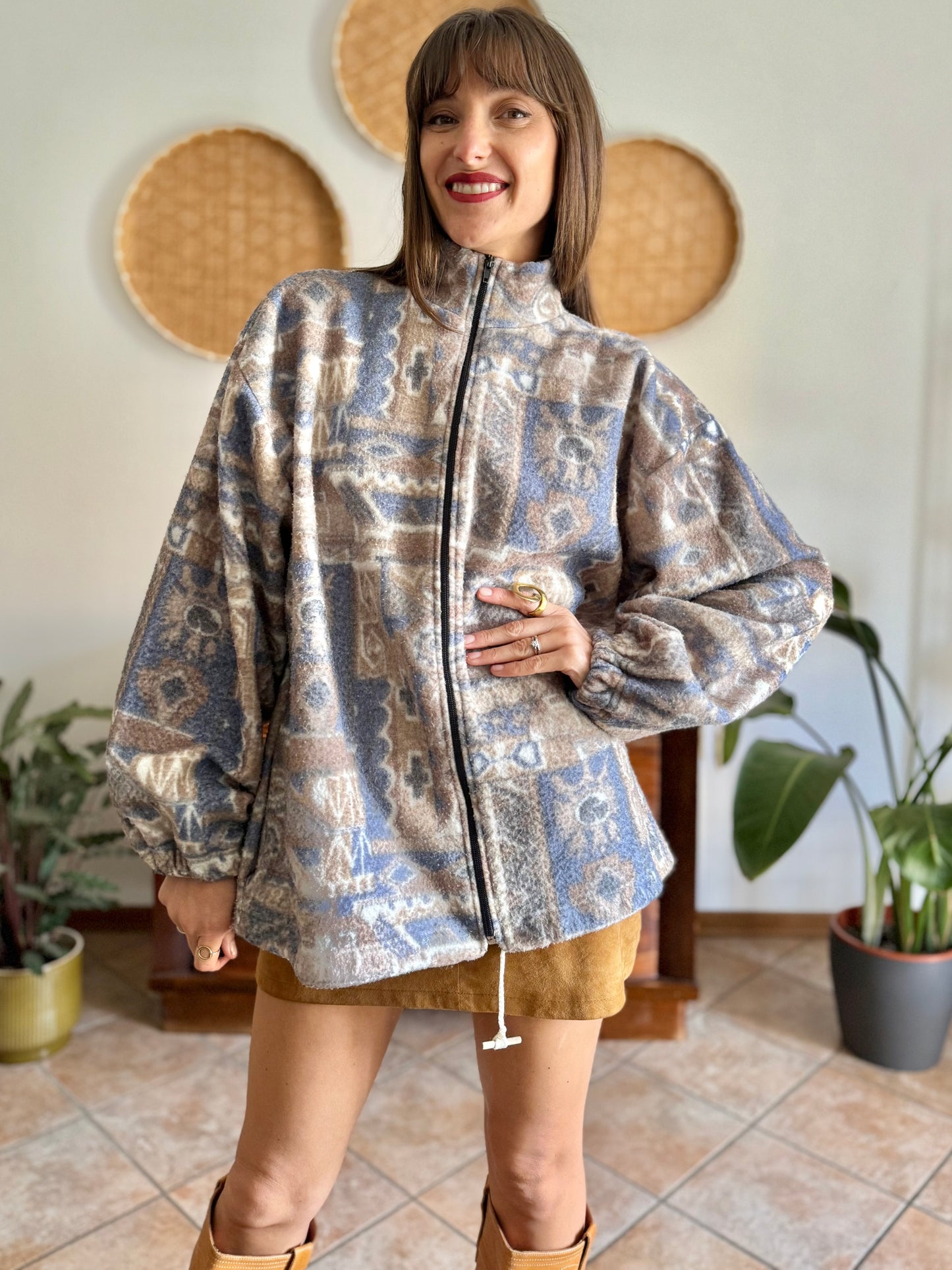 1980's vintage light blue and tan printed zip up fleece