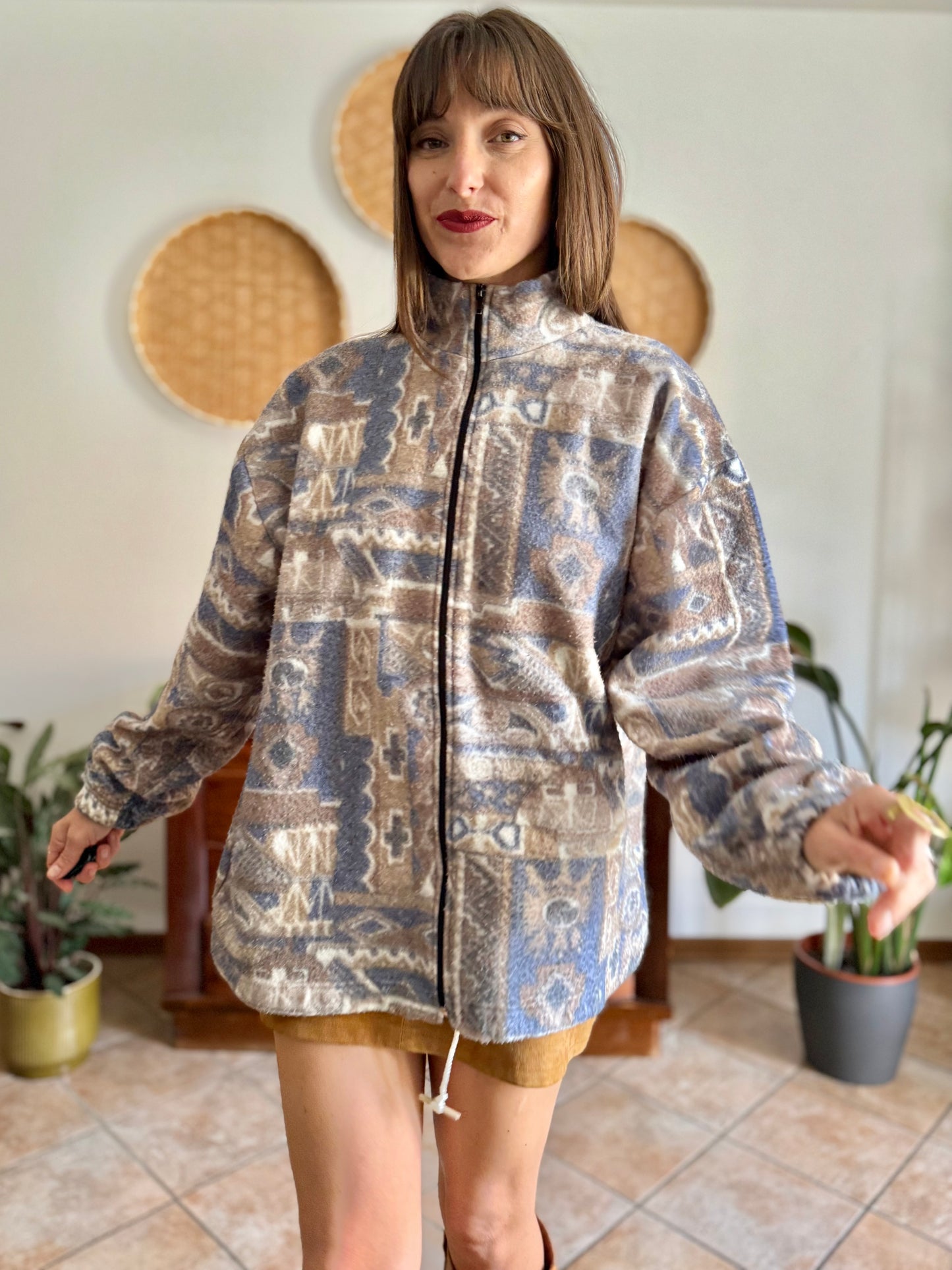 1980's vintage light blue and tan printed zip up fleece