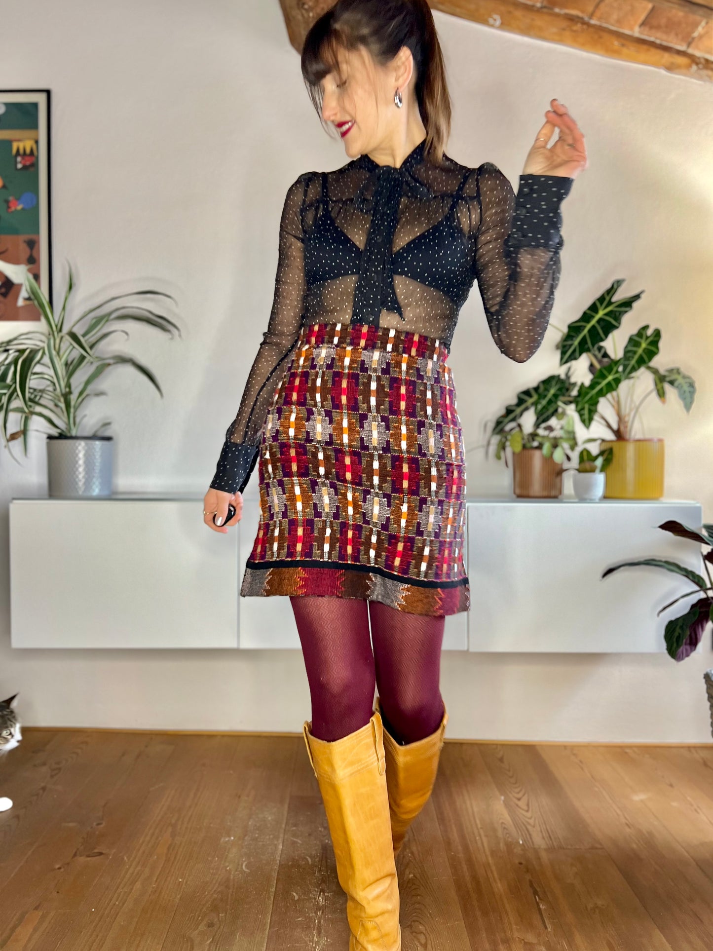1970's vintage red and purple cashmere knit mini skirt