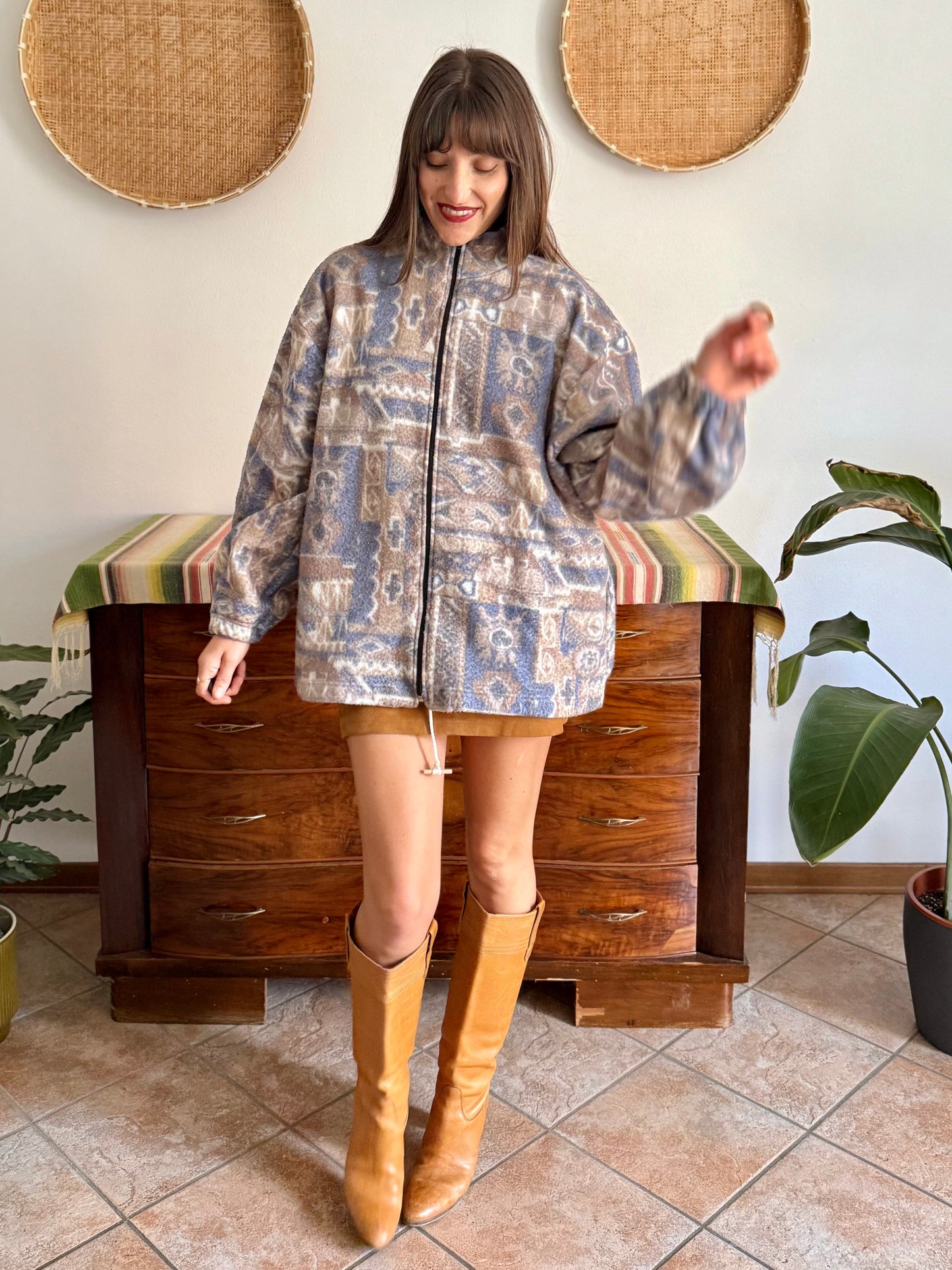 1980's vintage light blue and tan printed zip up fleece