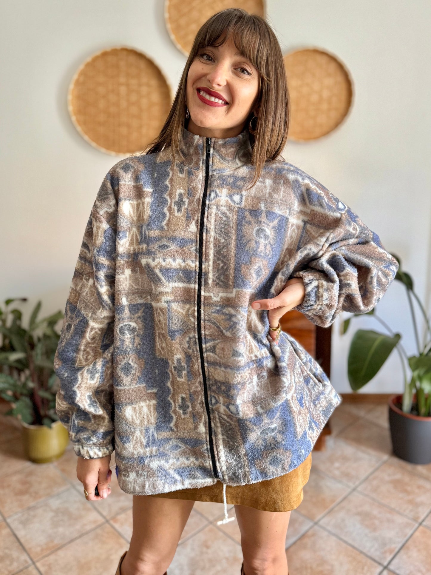 1980's vintage light blue and tan printed zip up fleece
