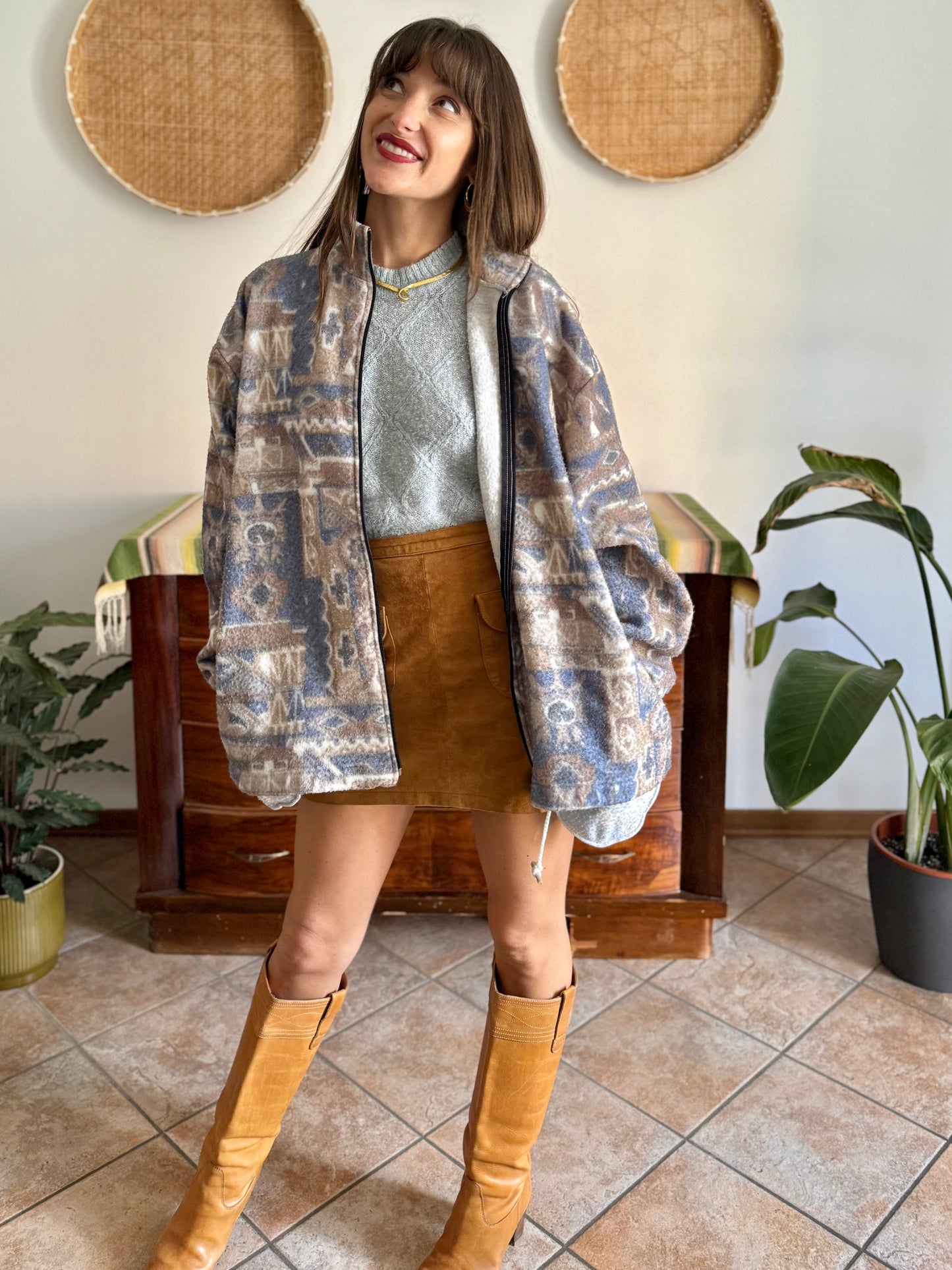 1980's vintage light blue and tan printed zip up fleece