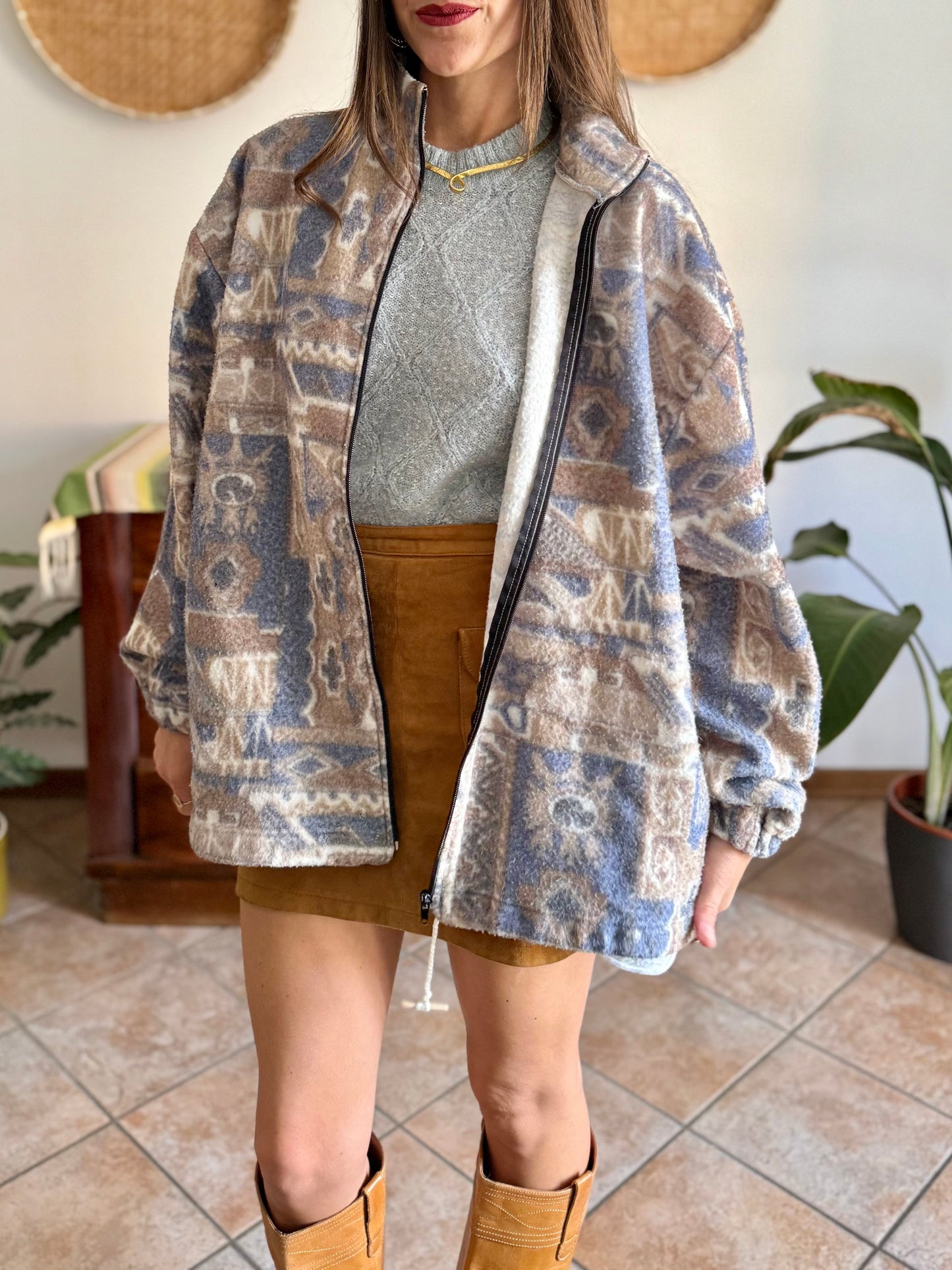 1980's vintage light blue and tan printed zip up fleece