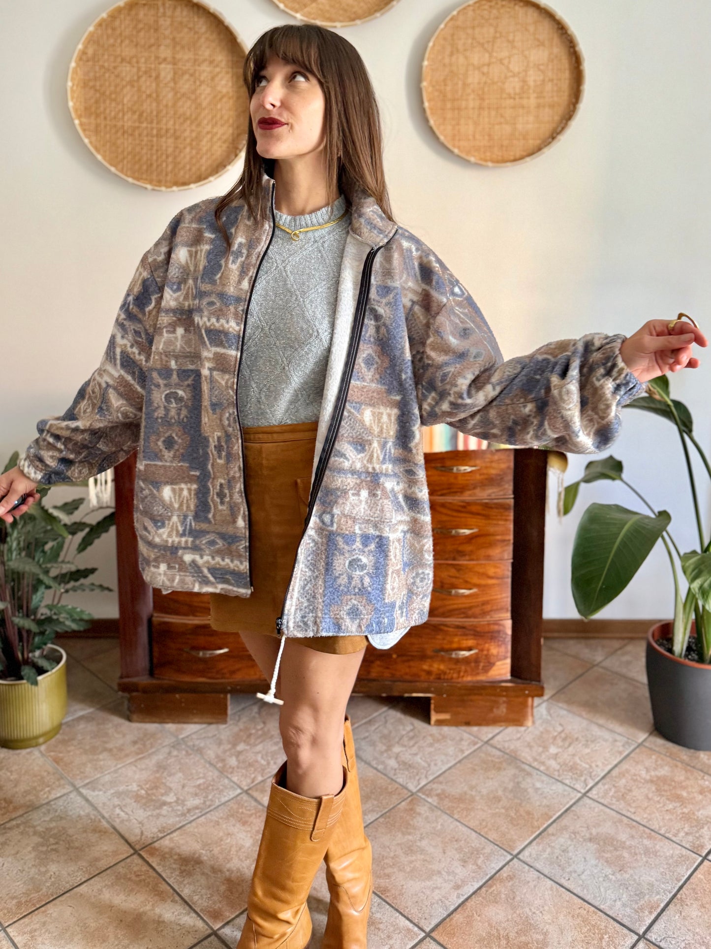 1980's vintage light blue and tan printed zip up fleece