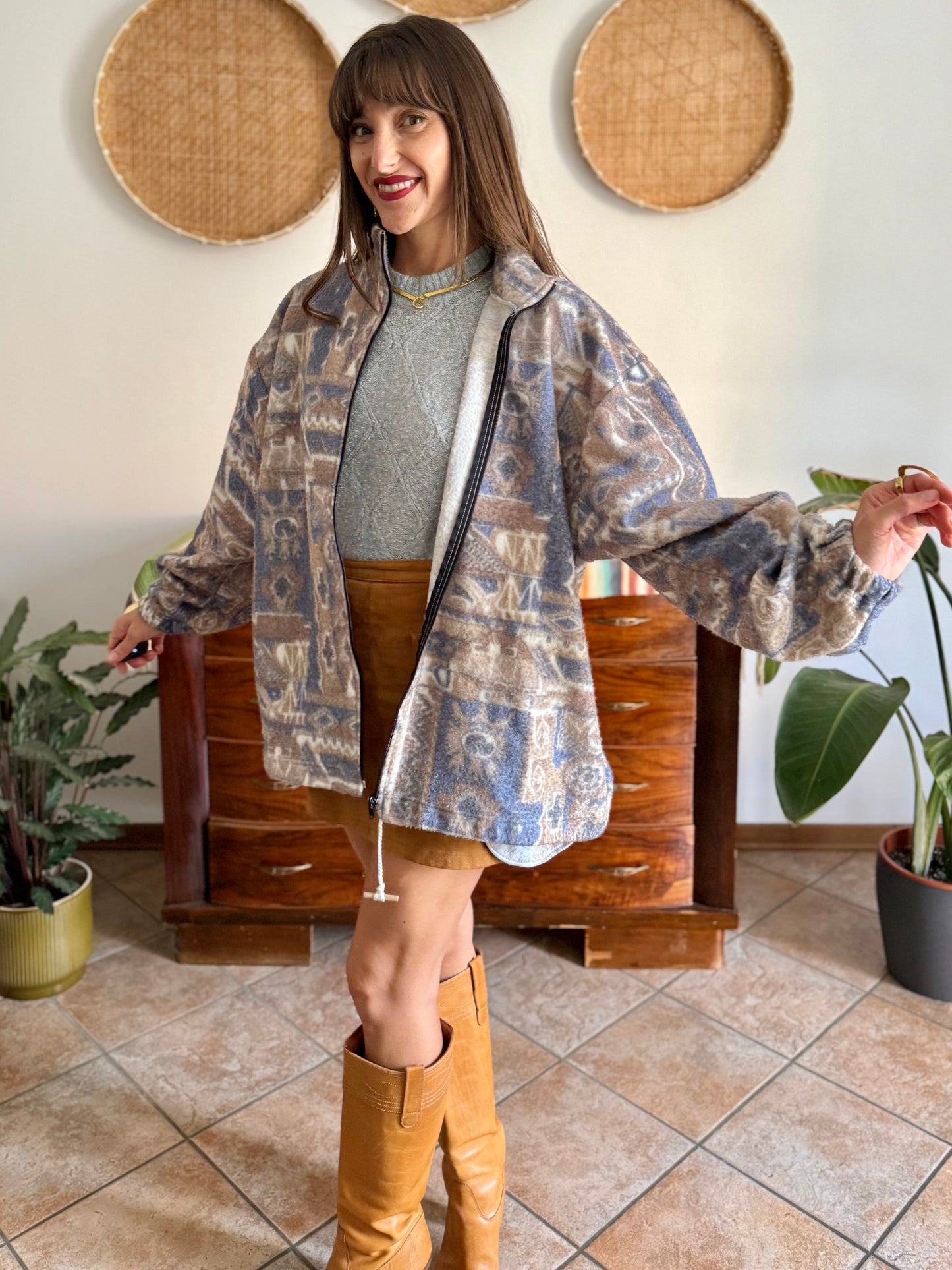 1980's vintage light blue and tan printed zip up fleece