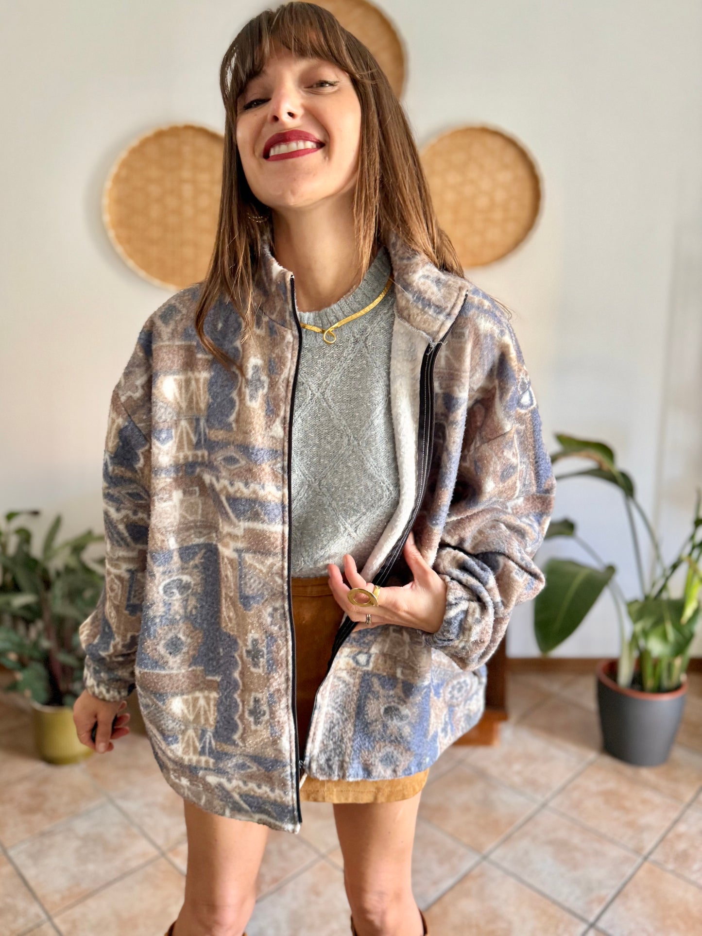 1980's vintage light blue and tan printed zip up fleece
