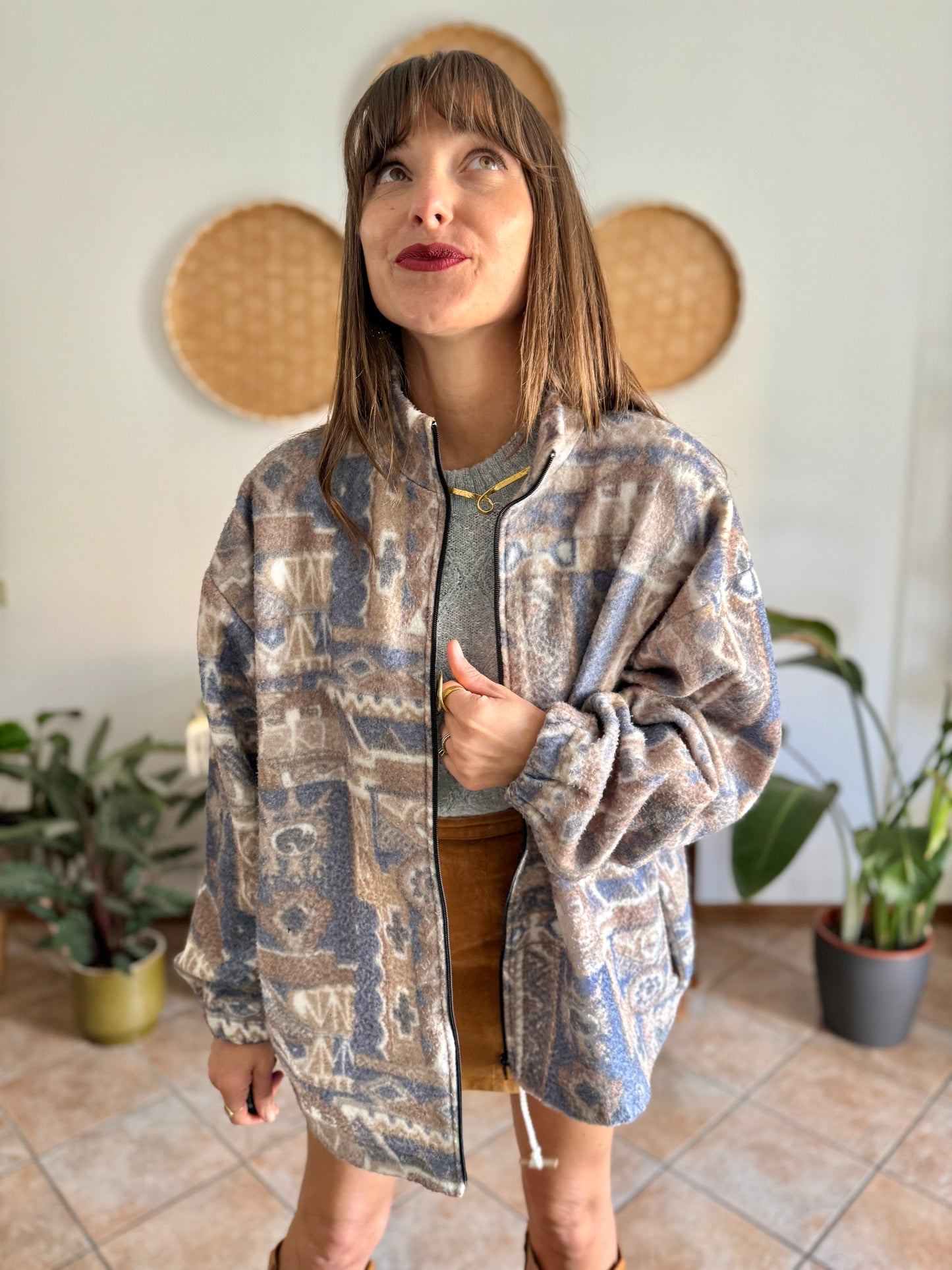 1980's vintage light blue and tan printed zip up fleece