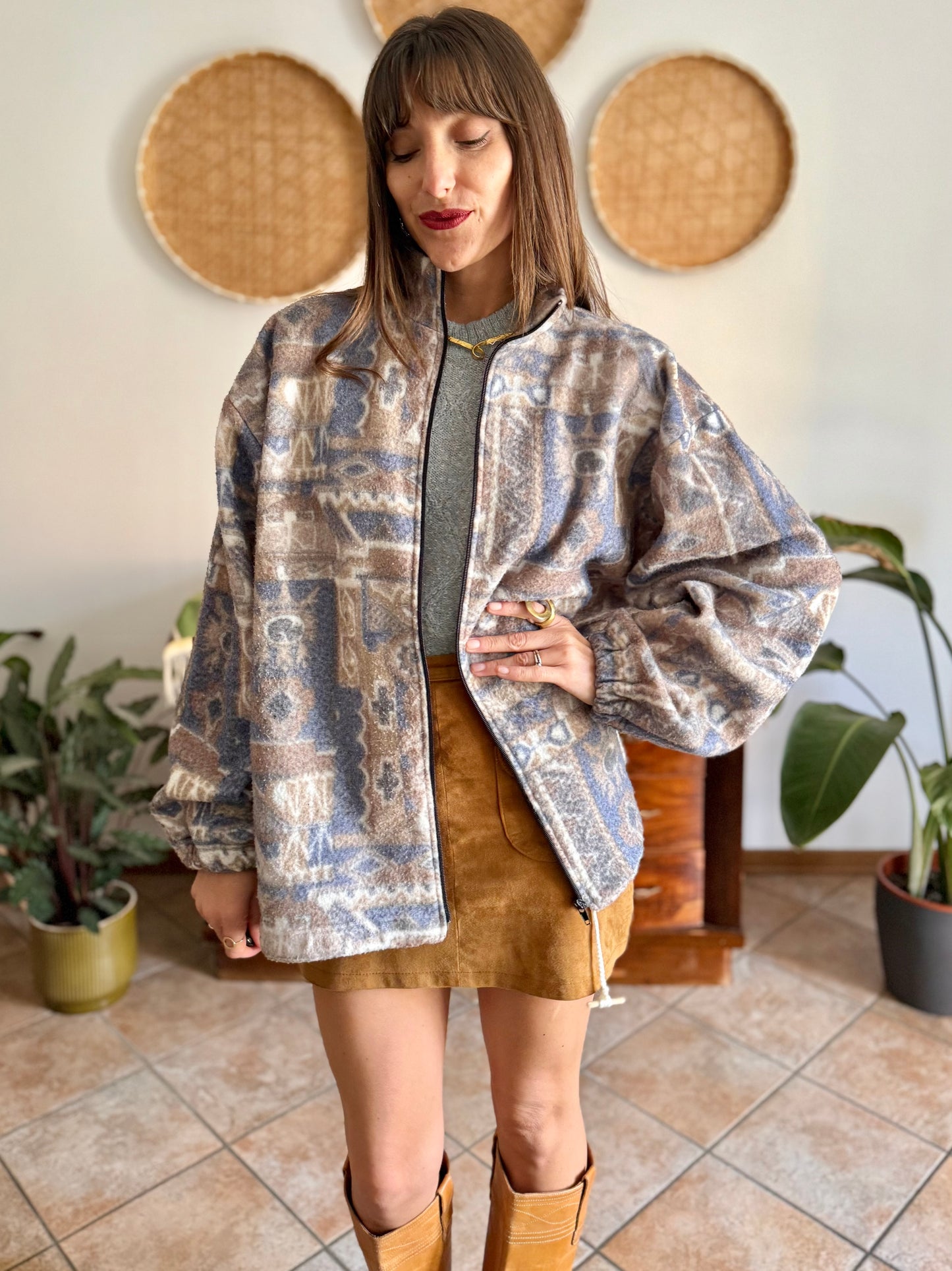 1980's vintage light blue and tan printed zip up fleece