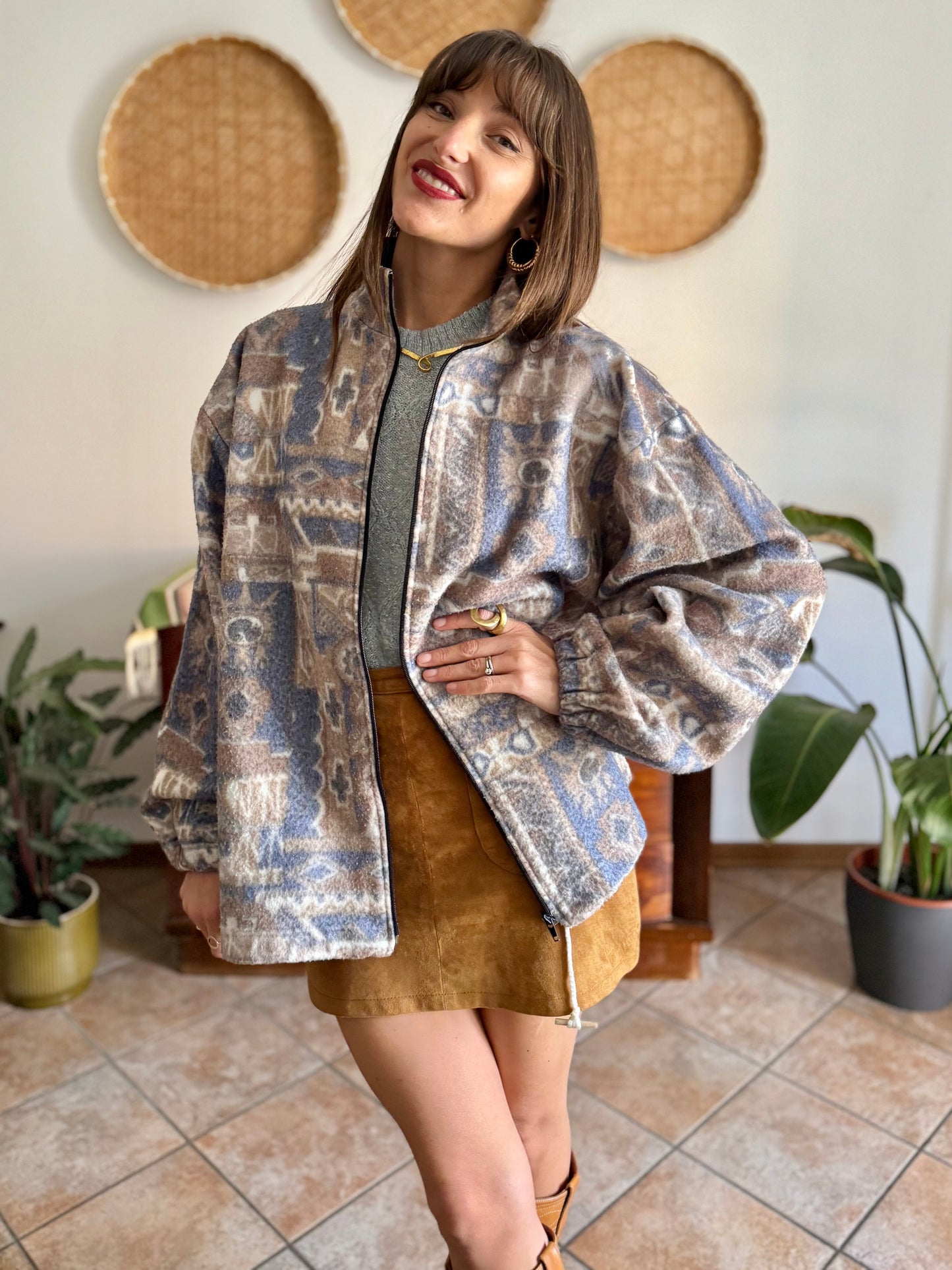 1980's vintage light blue and tan printed zip up fleece