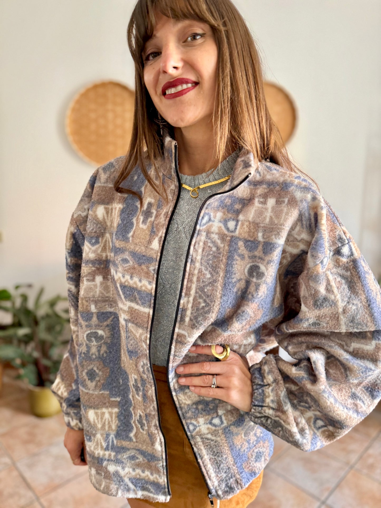 1980's vintage light blue and tan printed zip up fleece