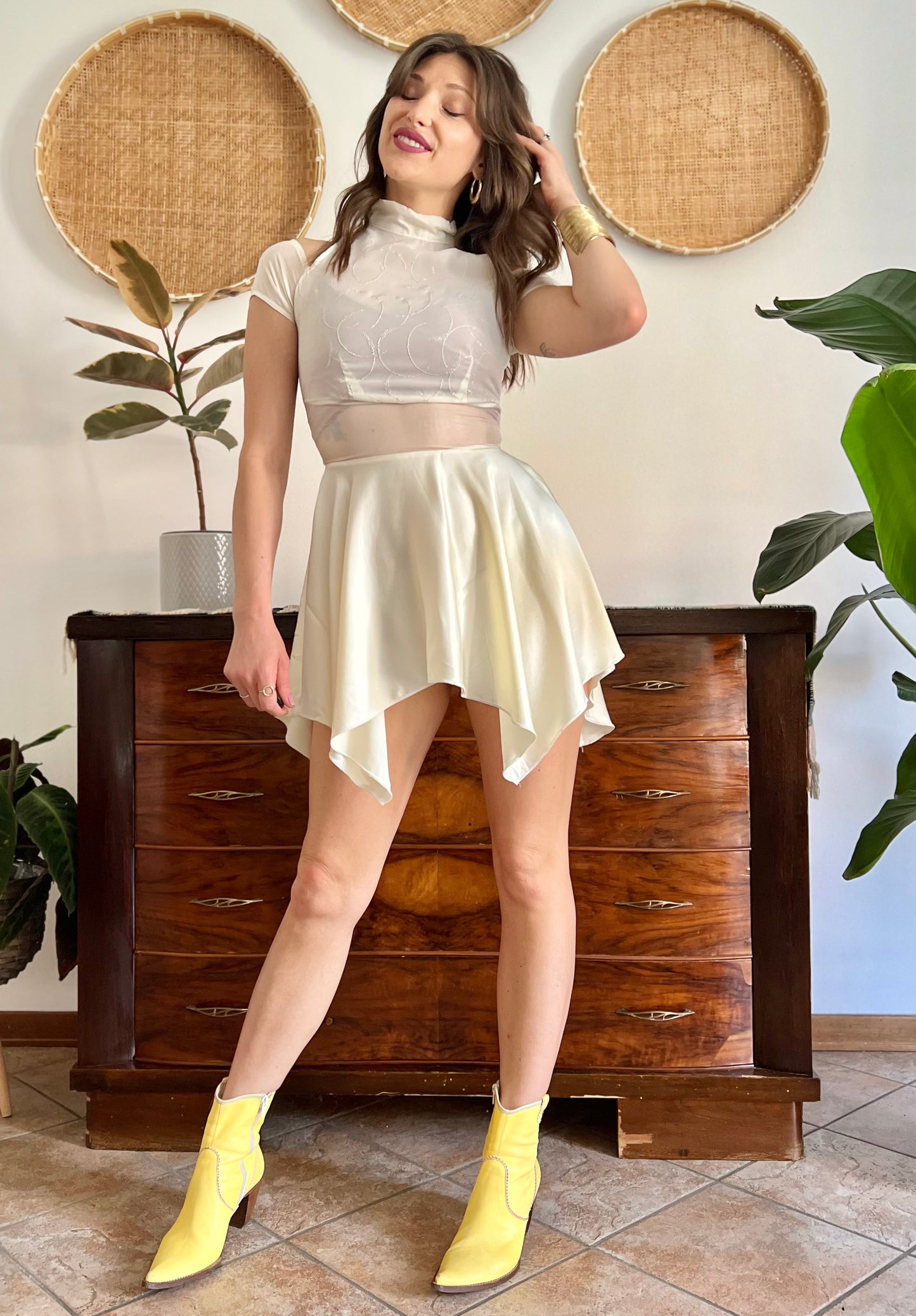 1970's vintage cream semi sheer silk midi dress with glitter details