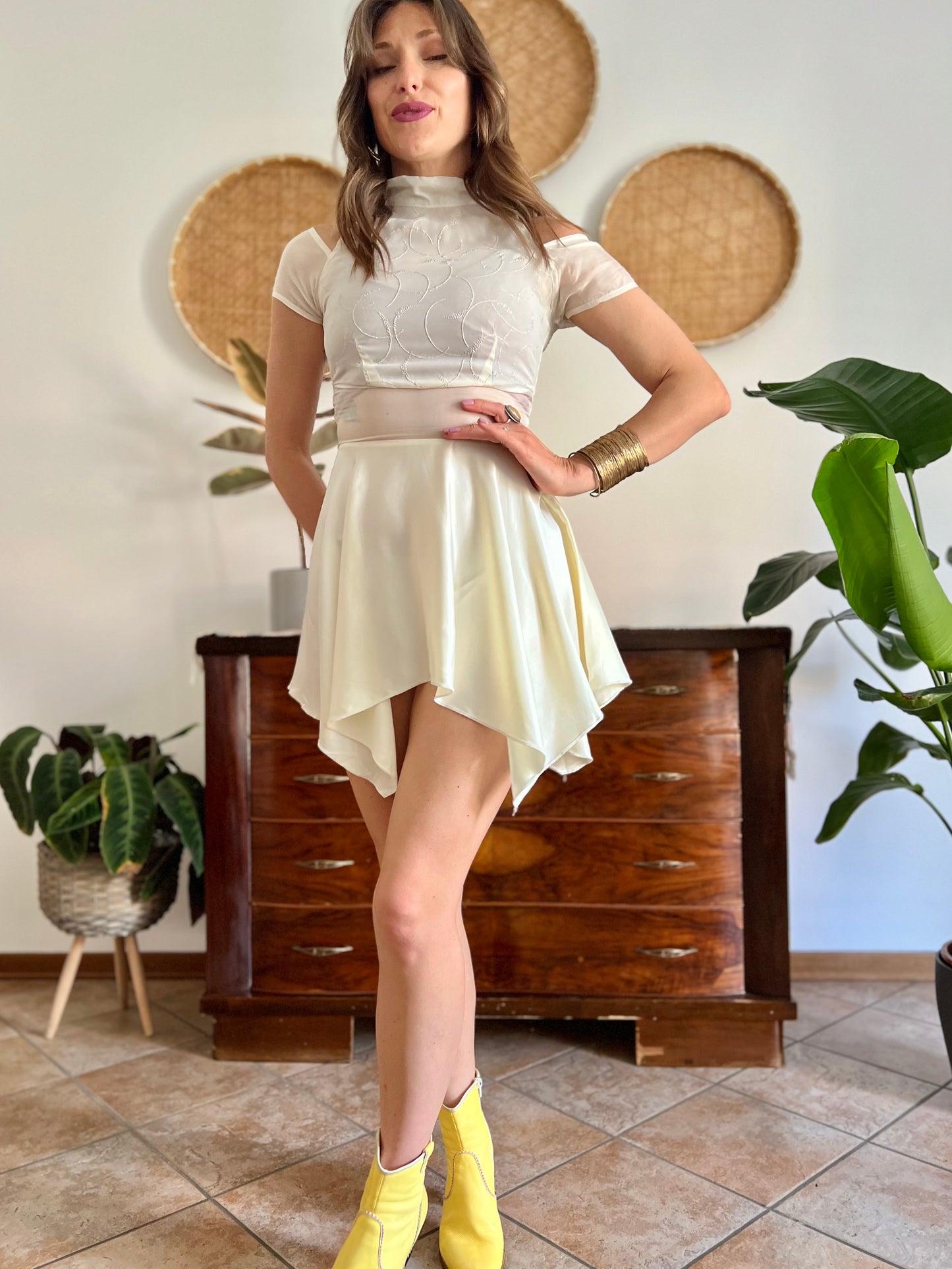 1970's vintage cream semi sheer silk midi dress with glitter details