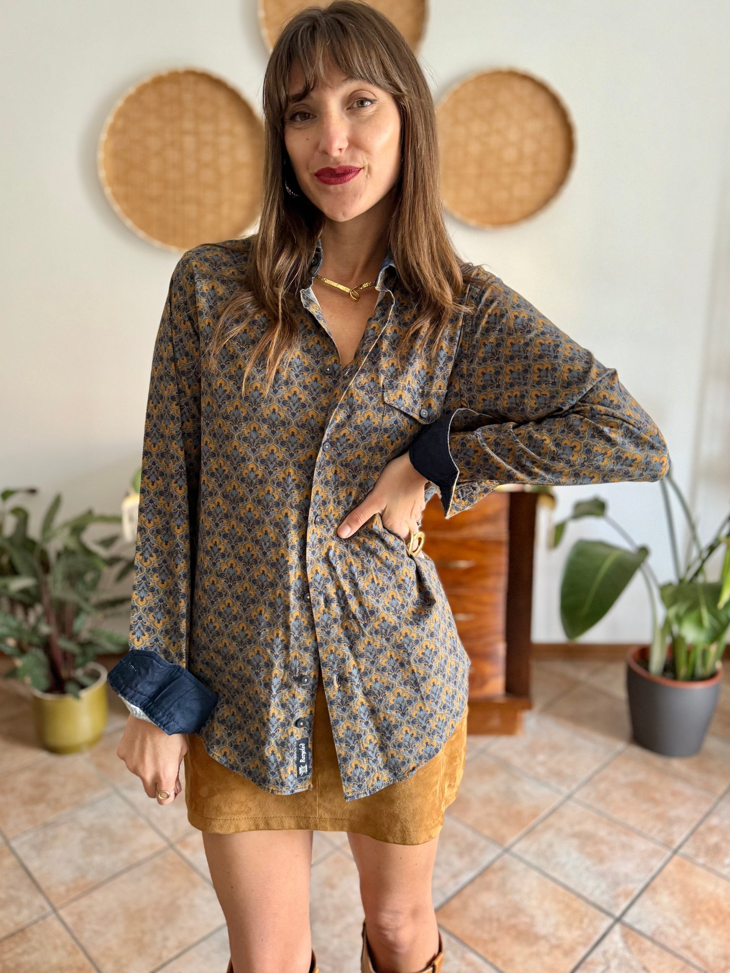 Olive green, blue and orange floral print cotton button down shirt