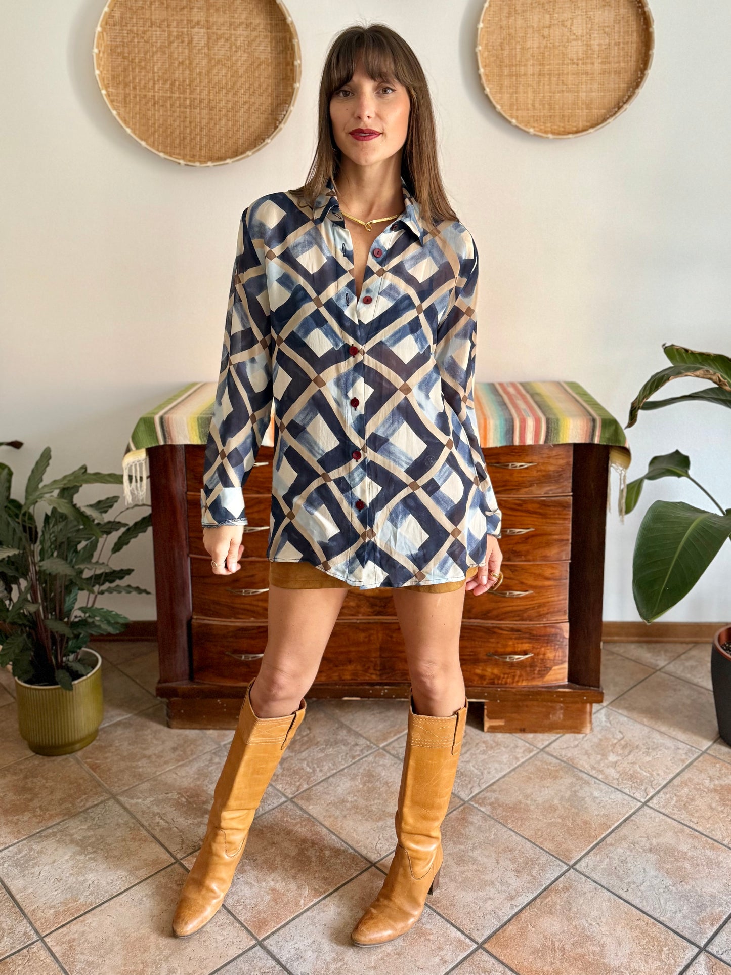 1970's vintage sheer multi tonal blue and tan geometric print blouse