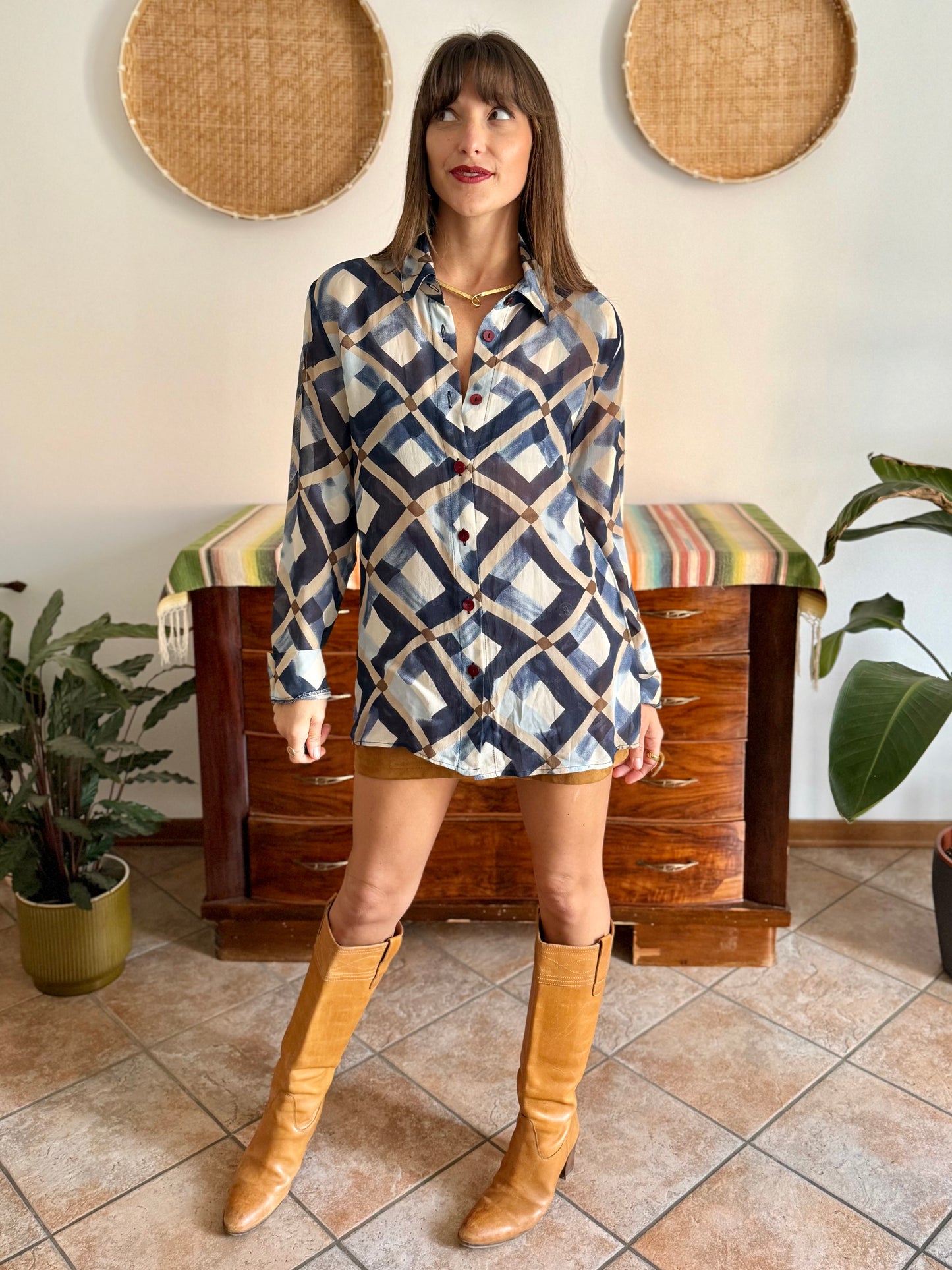 1970's vintage sheer multi tonal blue and tan geometric print blouse