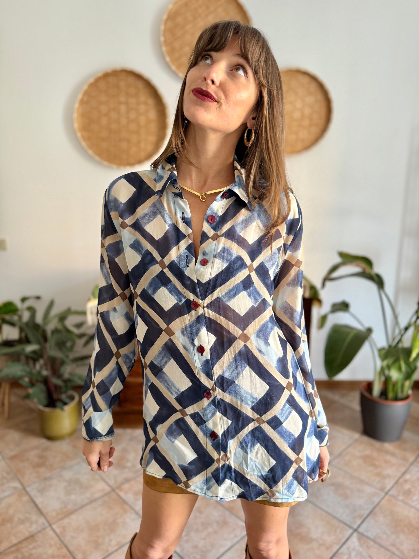 1970's vintage sheer multi tonal blue and tan geometric print blouse