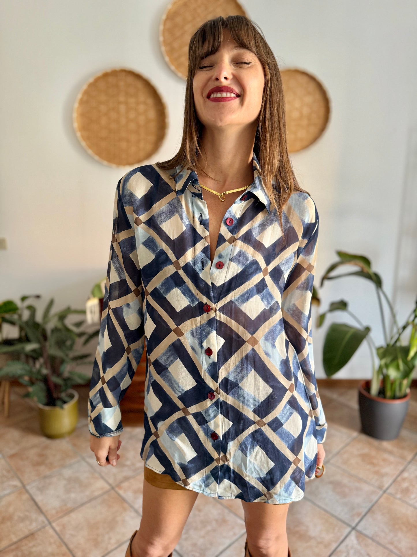 1970's vintage sheer multi tonal blue and tan geometric print blouse