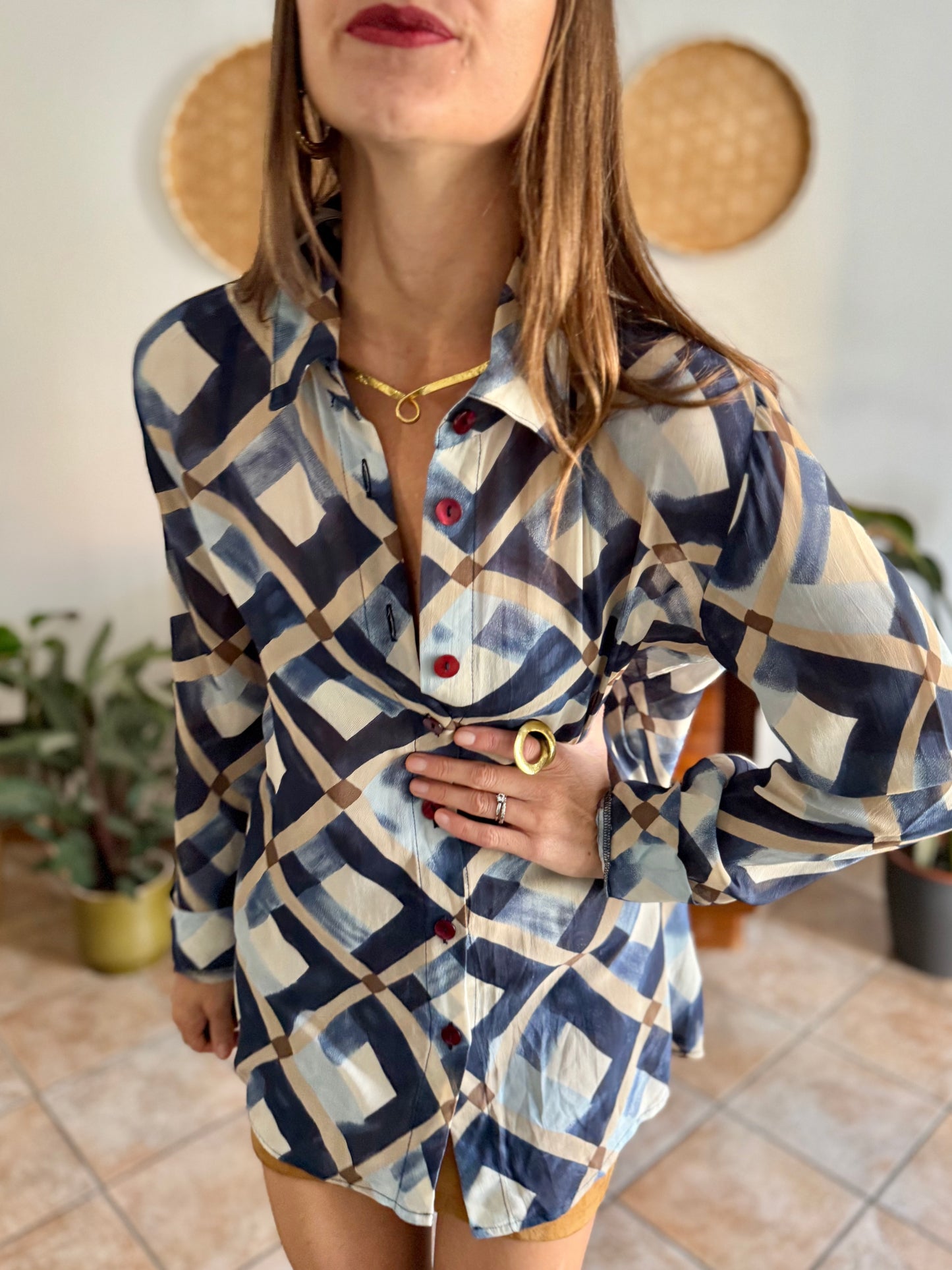1970's vintage sheer multi tonal blue and tan geometric print blouse