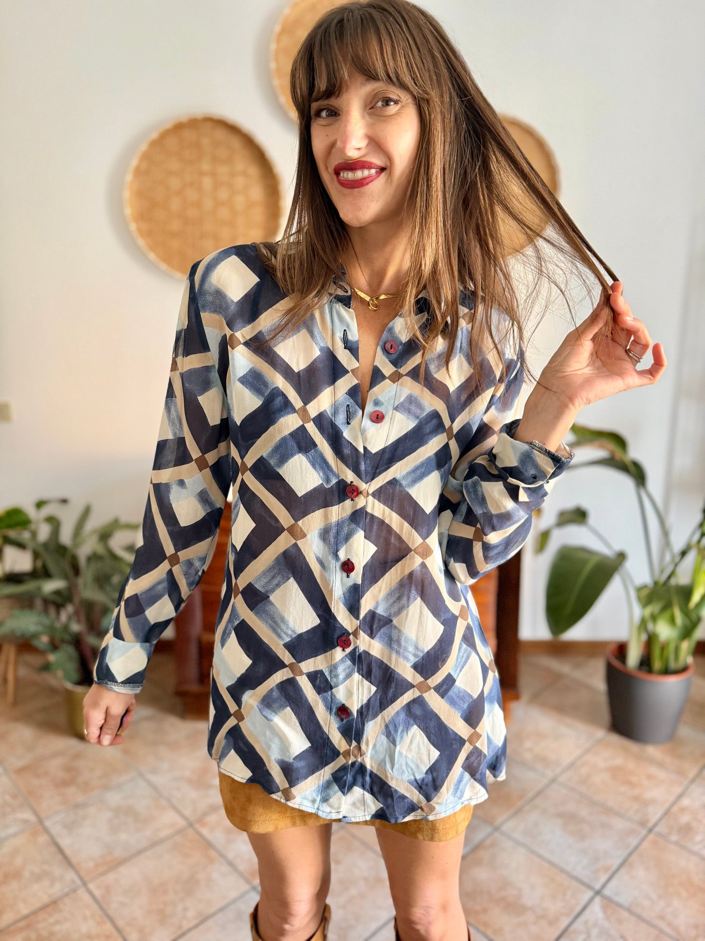 1970's vintage sheer multi tonal blue and tan geometric print blouse