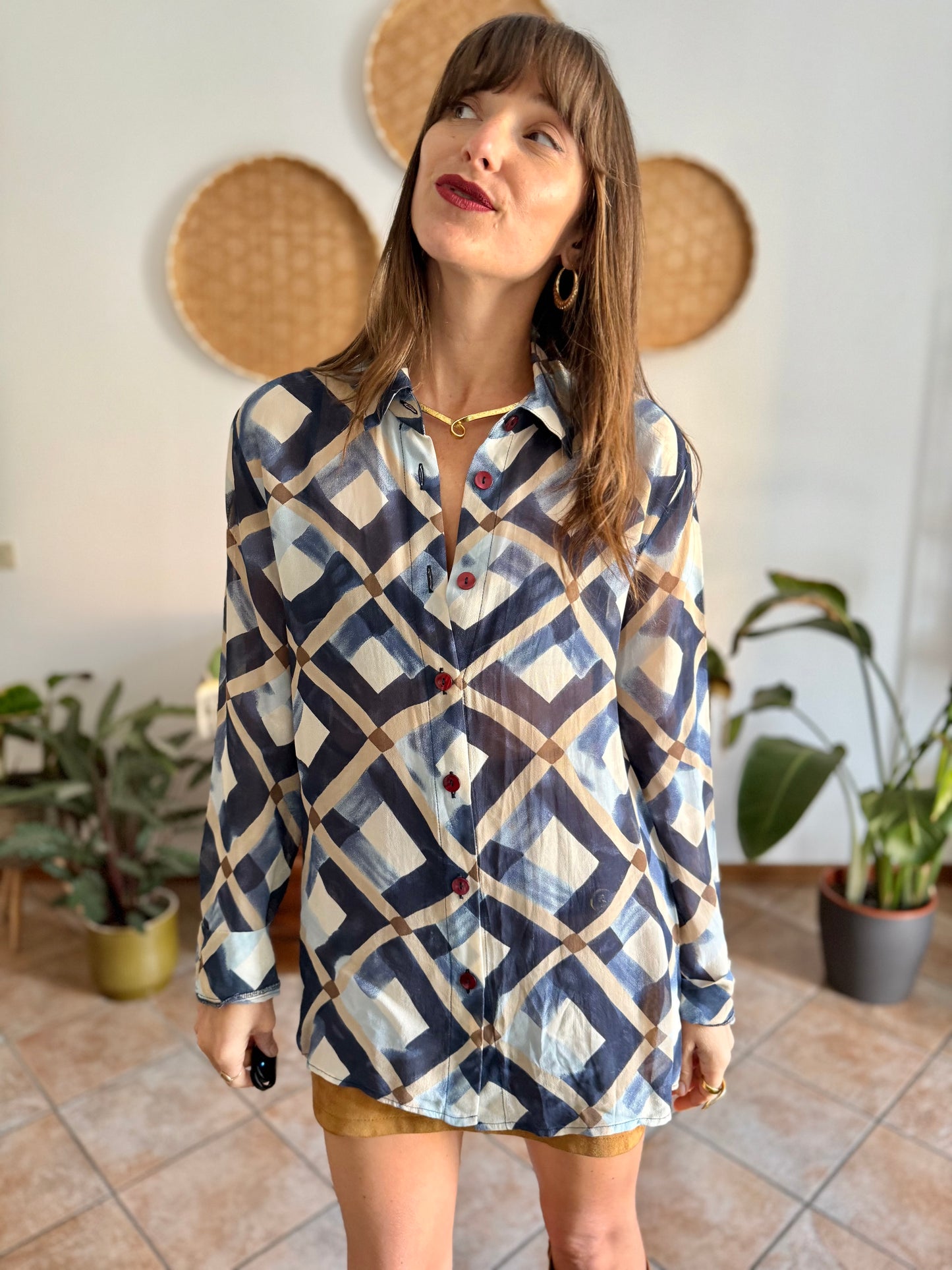 1970's vintage sheer multi tonal blue and tan geometric print blouse