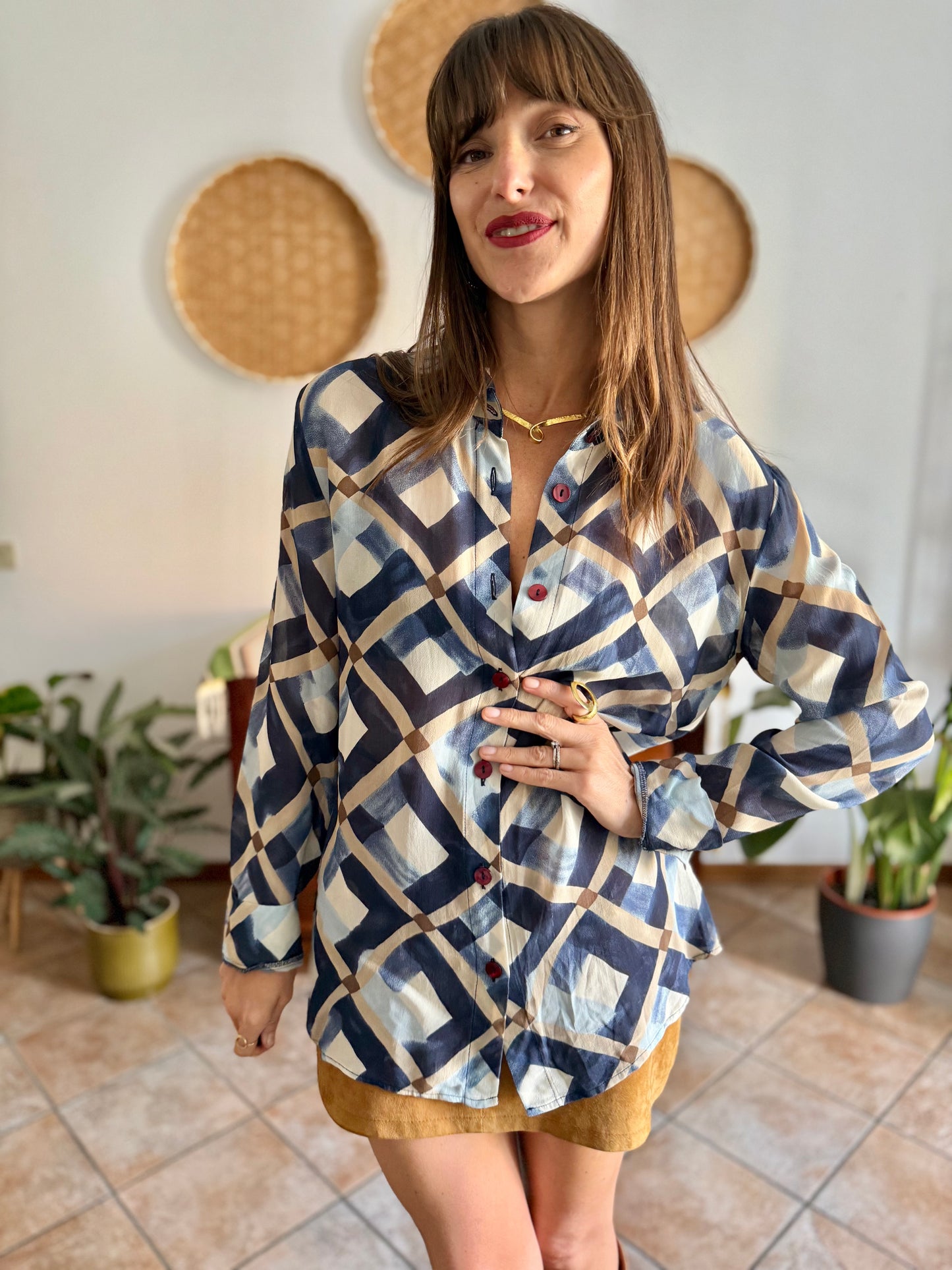 1970's vintage sheer multi tonal blue and tan geometric print blouse