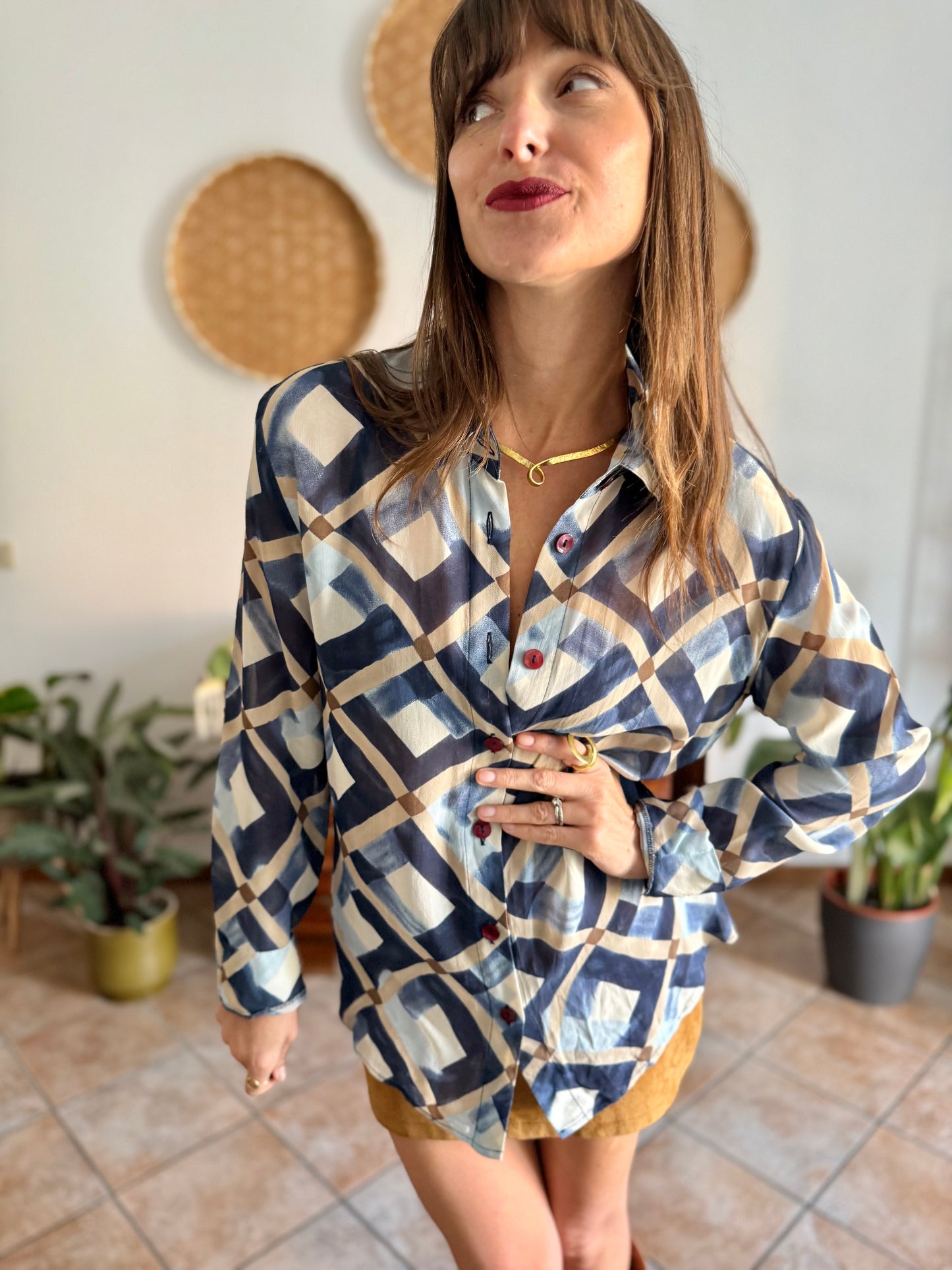 1970's vintage sheer multi tonal blue and tan geometric print blouse
