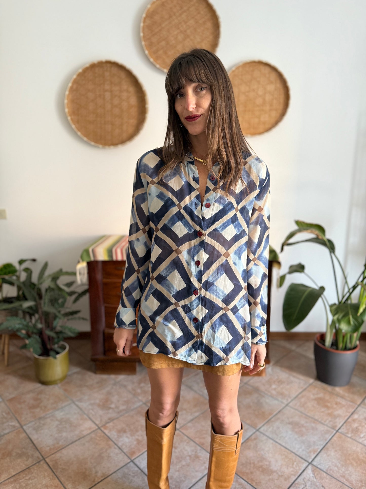 1970's vintage sheer multi tonal blue and tan geometric print blouse