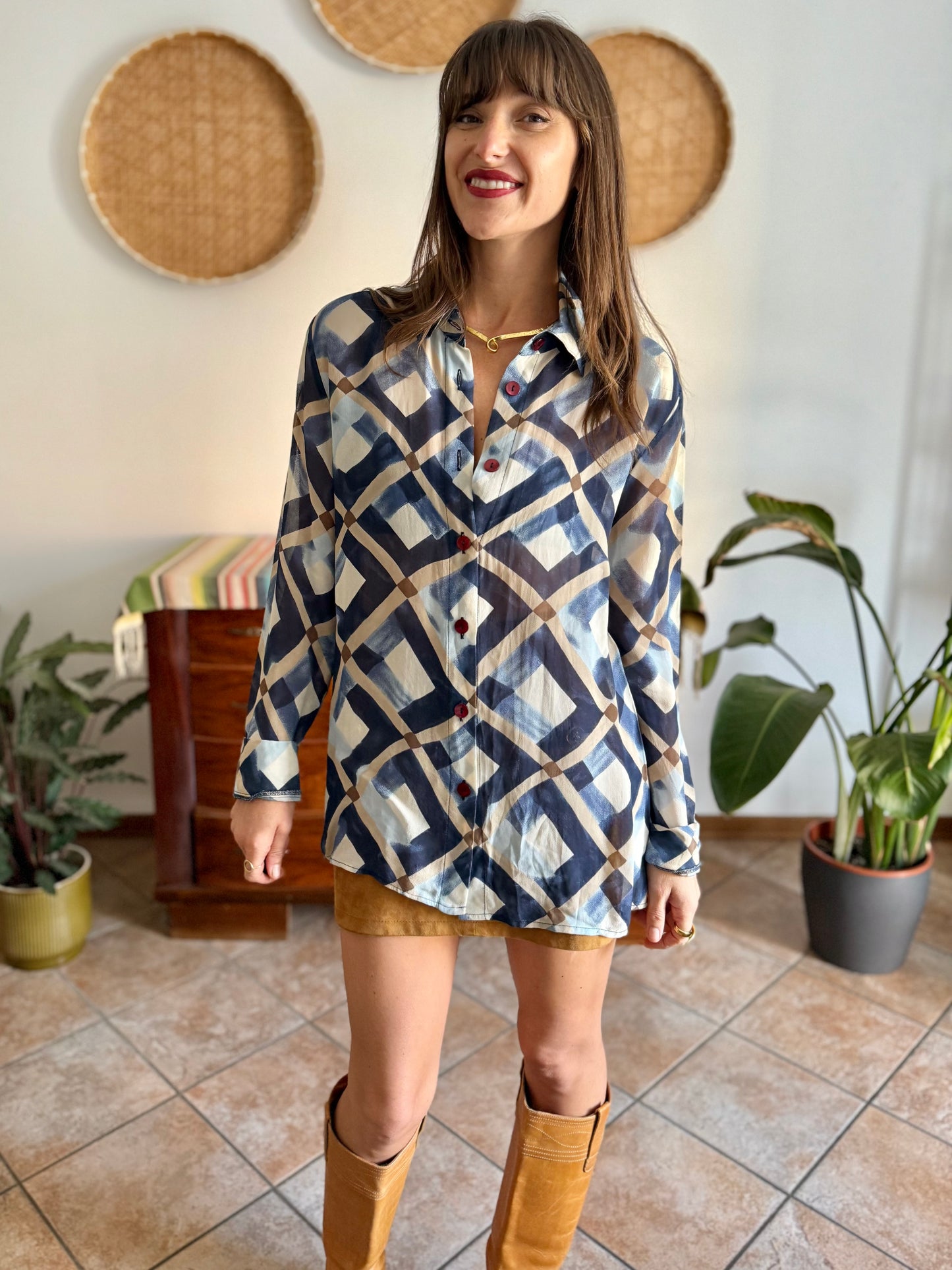 1970's vintage sheer multi tonal blue and tan geometric print blouse