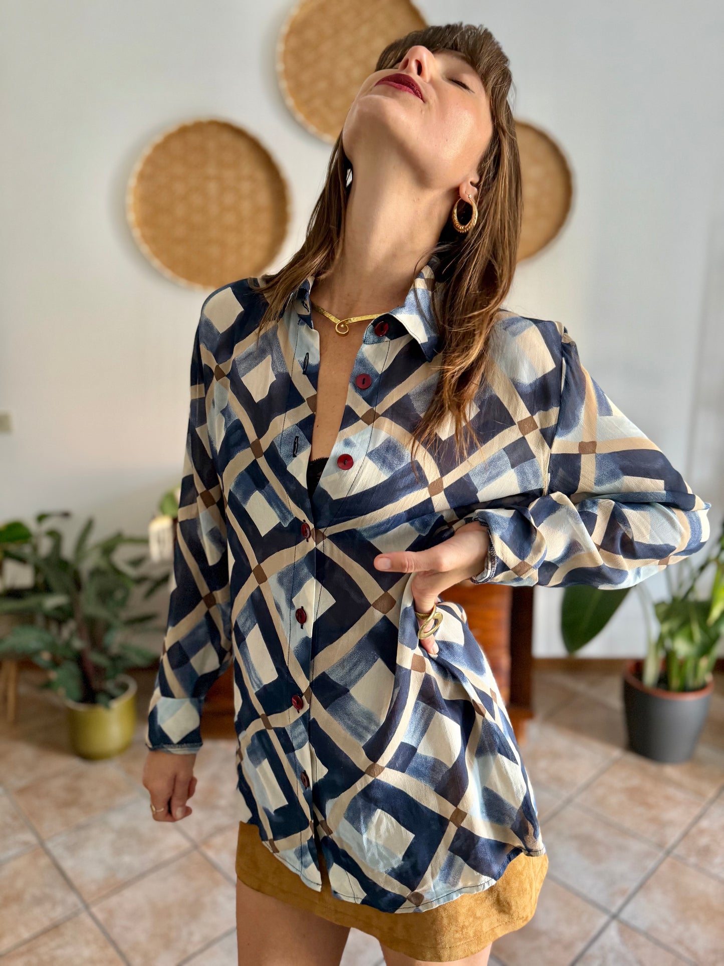 1970's vintage sheer multi tonal blue and tan geometric print blouse