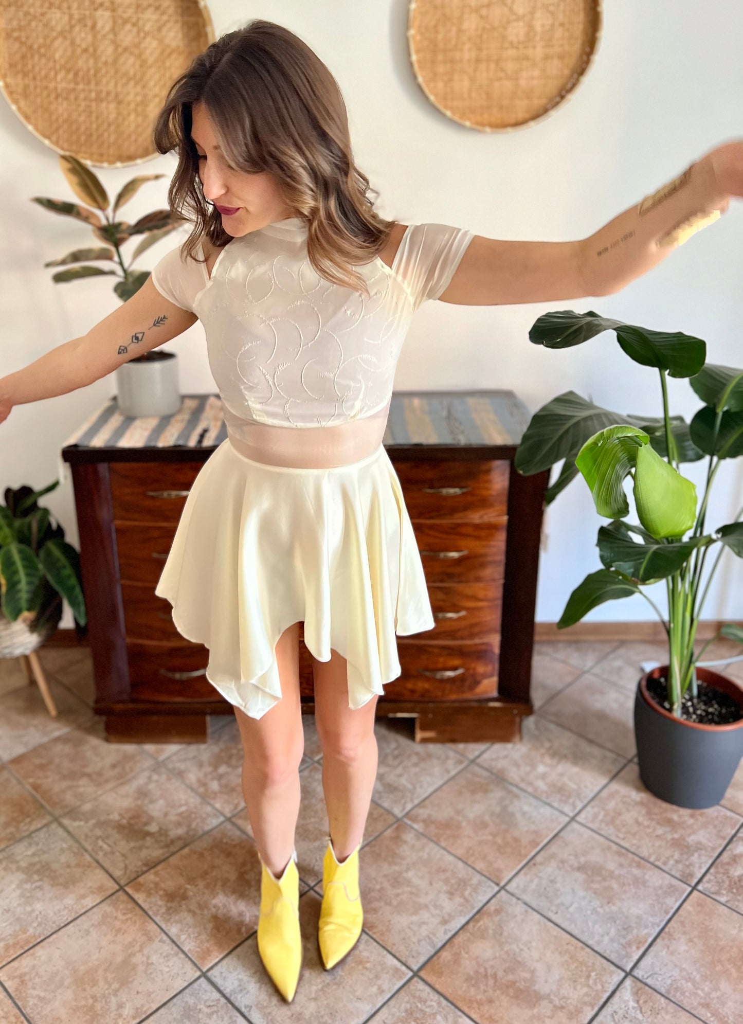 1970's vintage cream semi sheer silk midi dress with glitter details