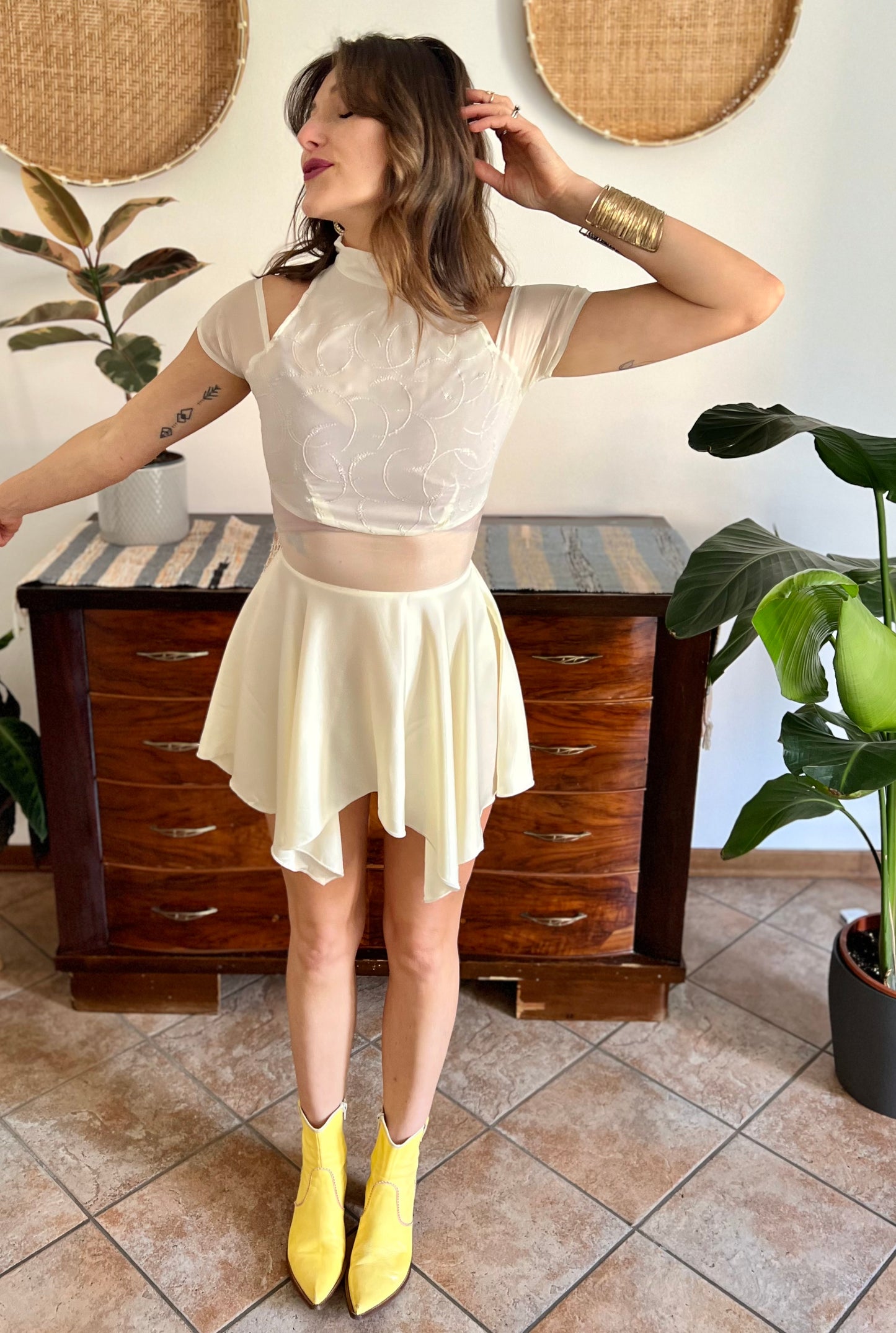 1970's vintage cream semi sheer silk midi dress with glitter details