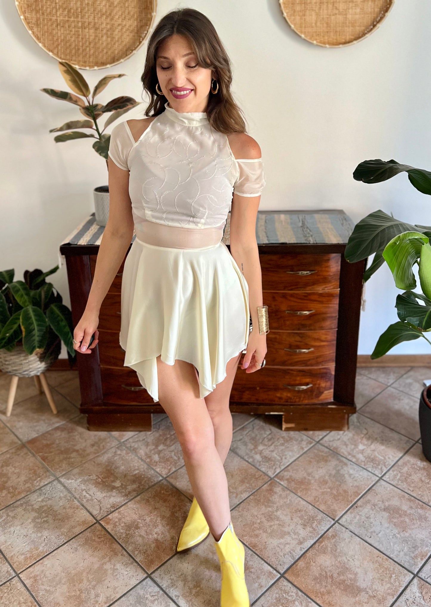 1970's vintage cream semi sheer silk midi dress with glitter details