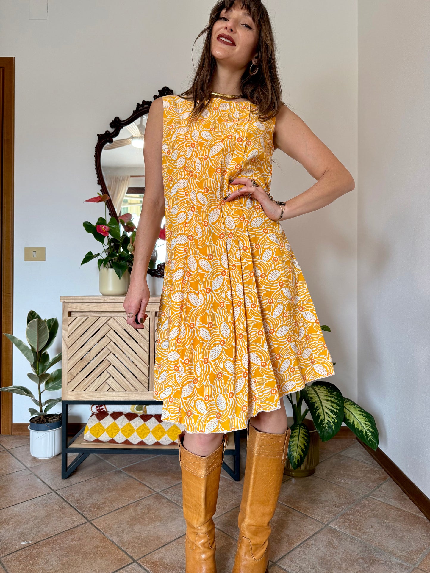 1960's vintage yellow, cream and orange mod floral pleated midi dress
