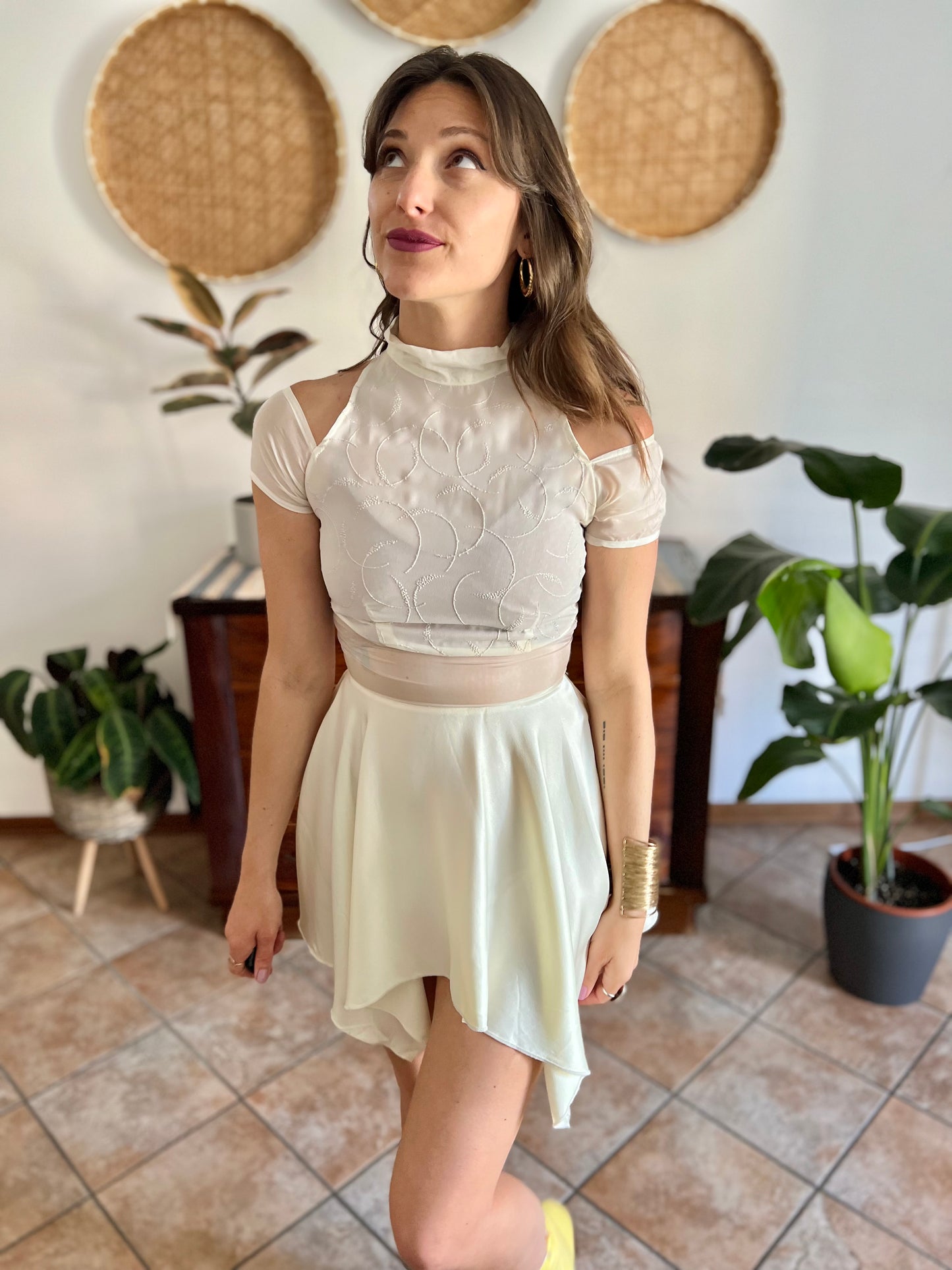 1970's vintage cream semi sheer silk midi dress with glitter details