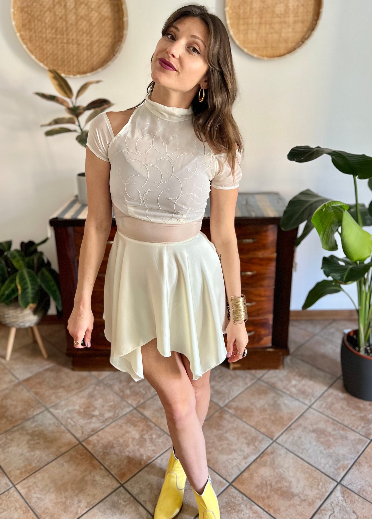 1970's vintage cream semi sheer silk midi dress with glitter details